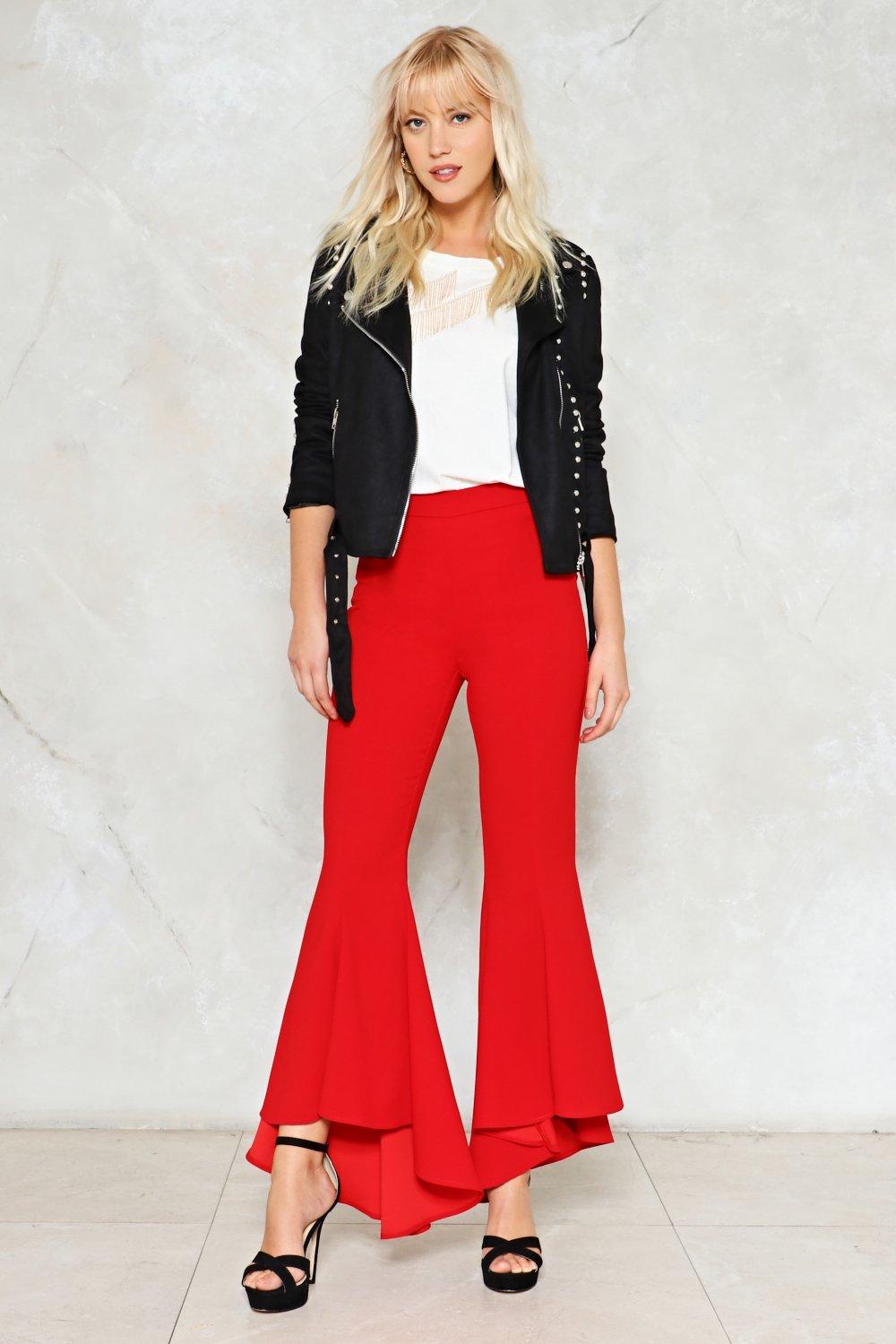 red flare pants with ruffles