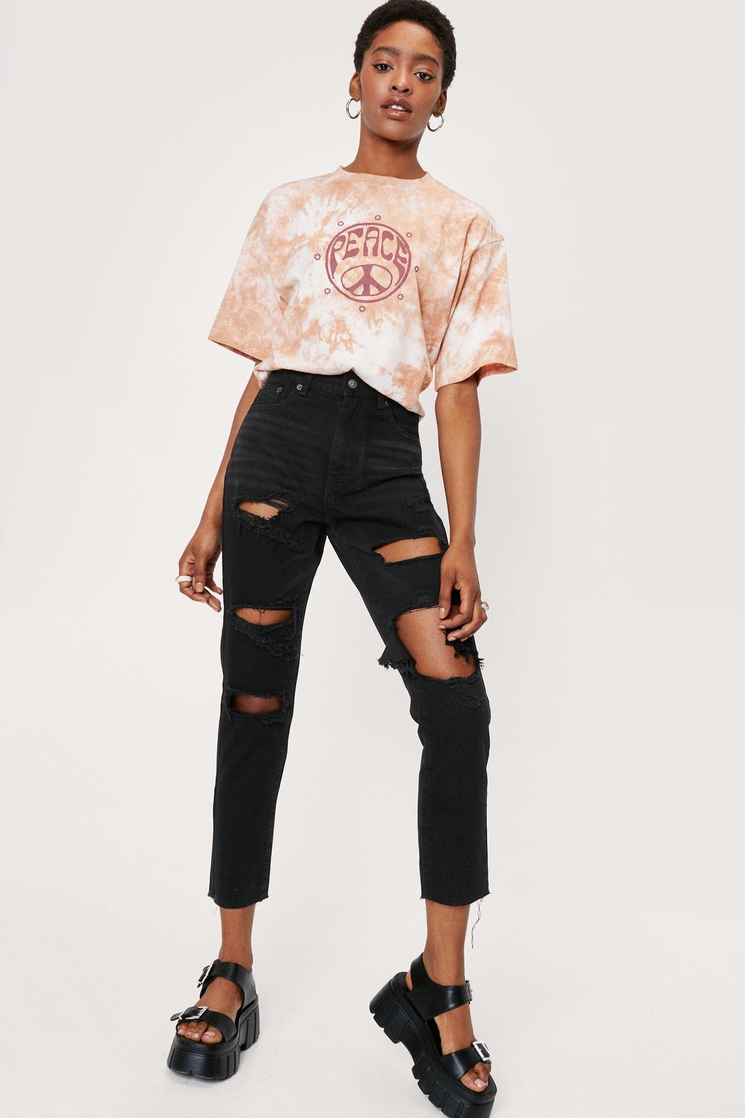 Black High Waisted Distressed Mom Jeans image number 1