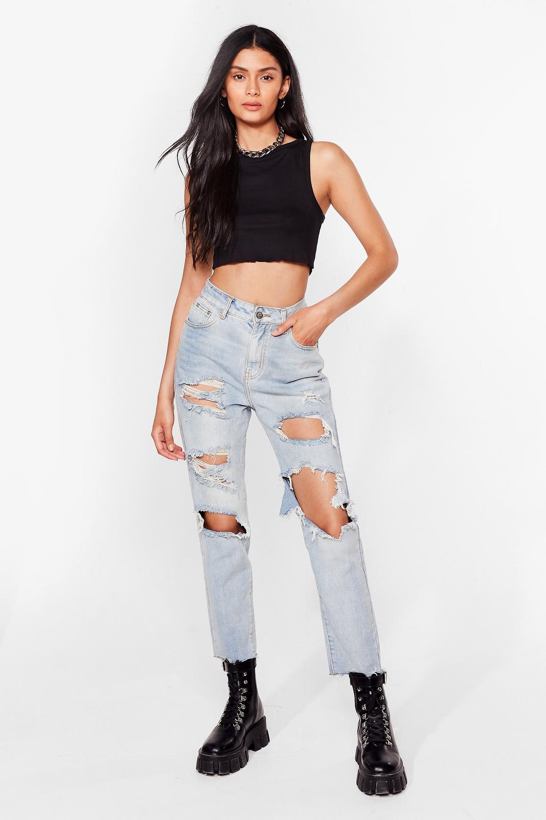 Blue High Waisted Distressed Mom Jeans image number 1