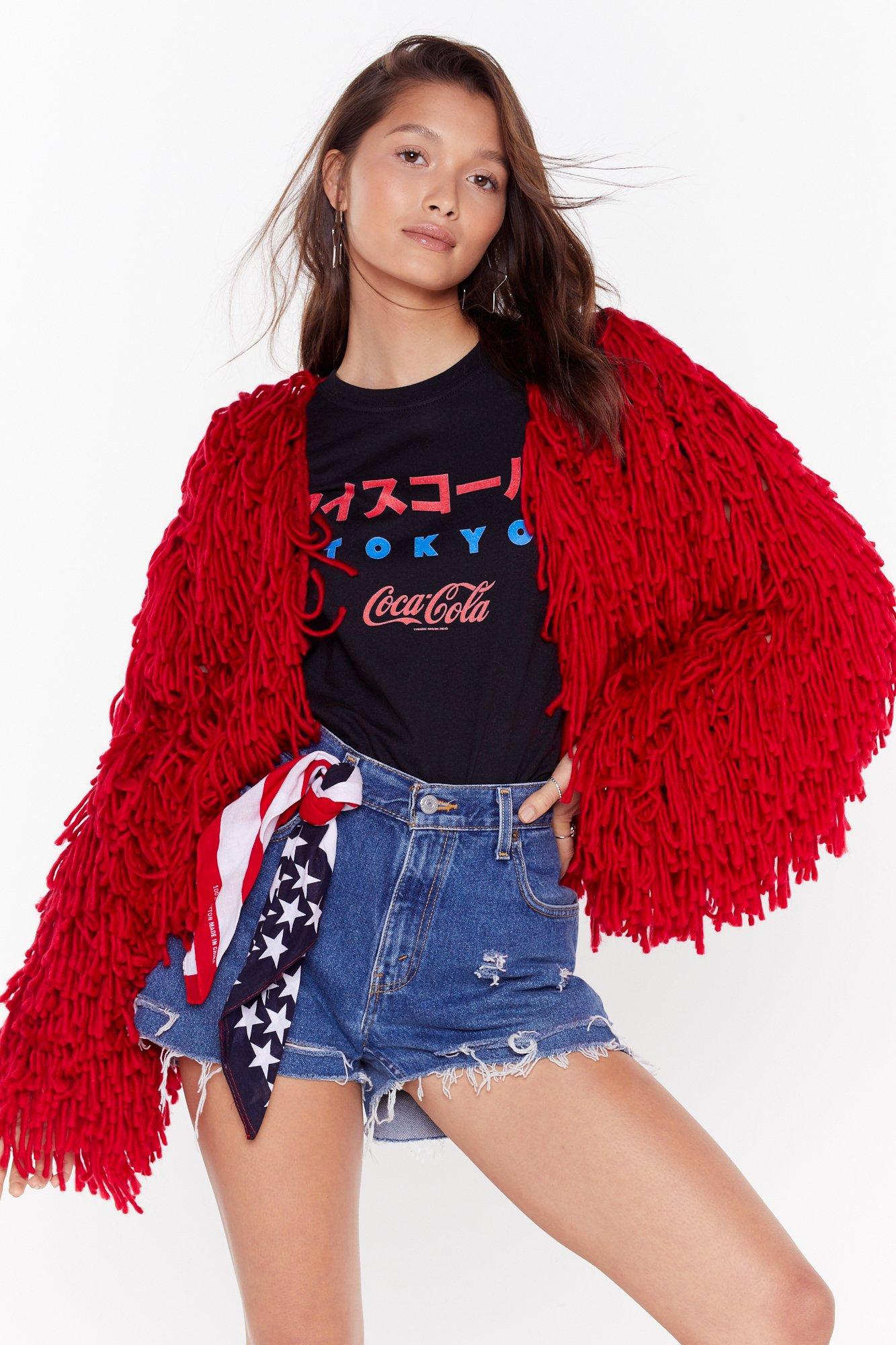 red crop shaggy cardigan