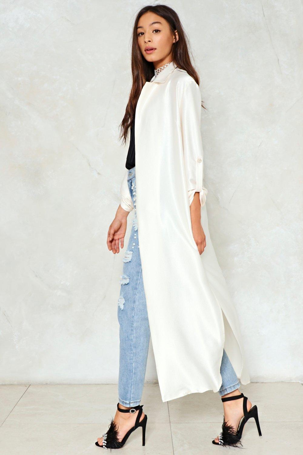 White satin shop duster coat