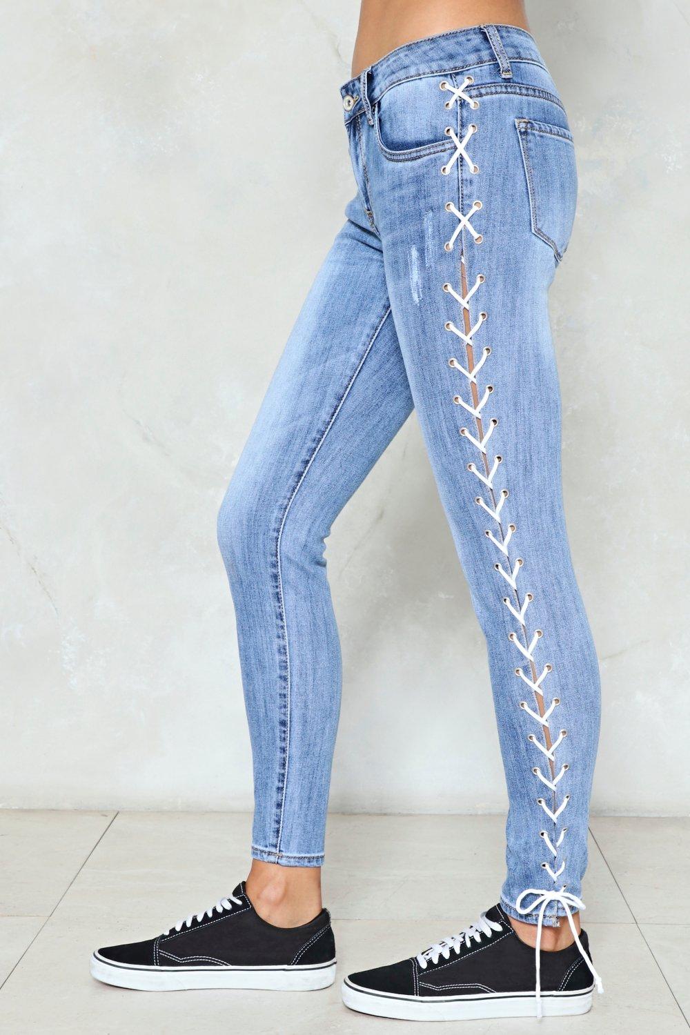 Lace up sale blue jeans