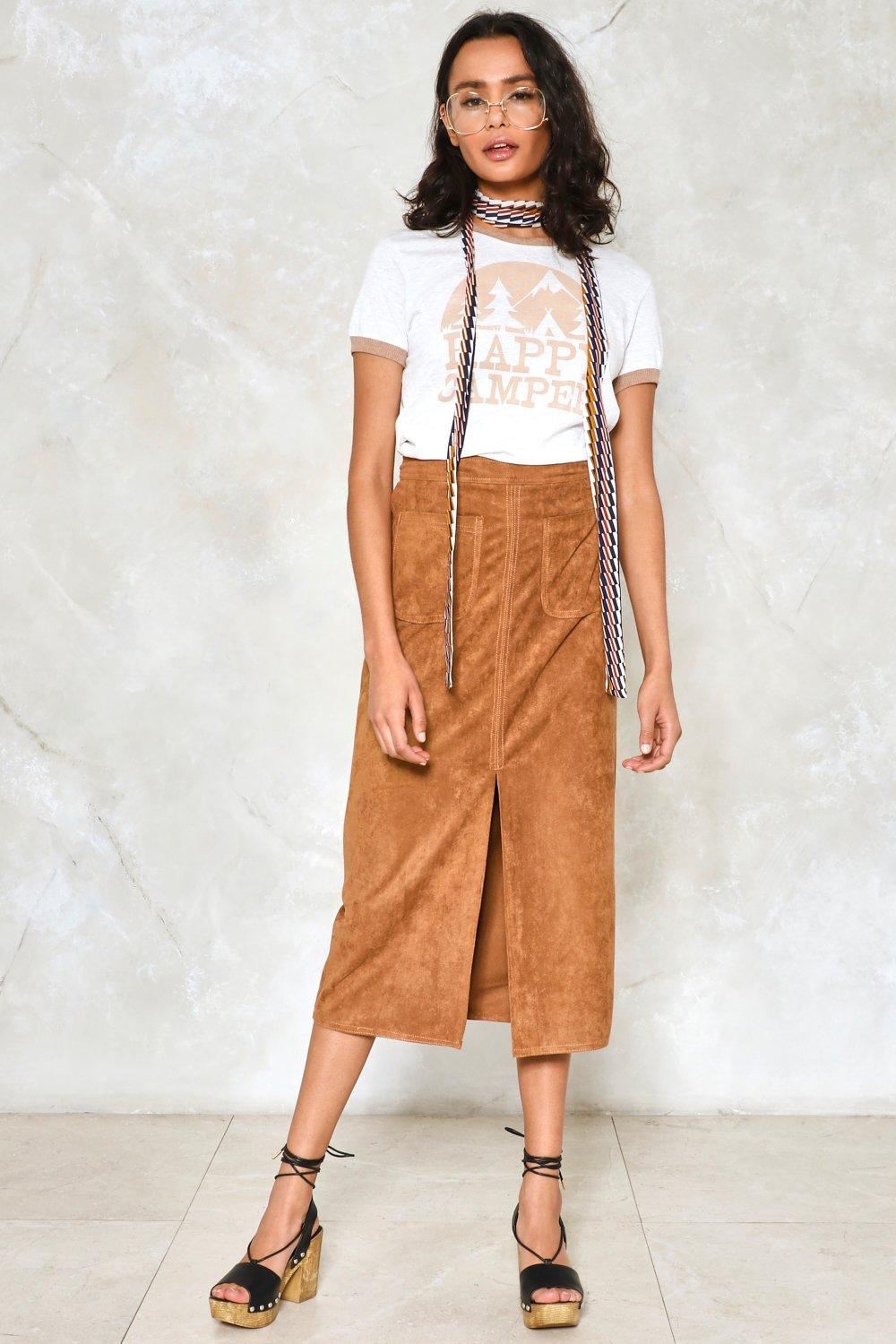 long brown suede skirt