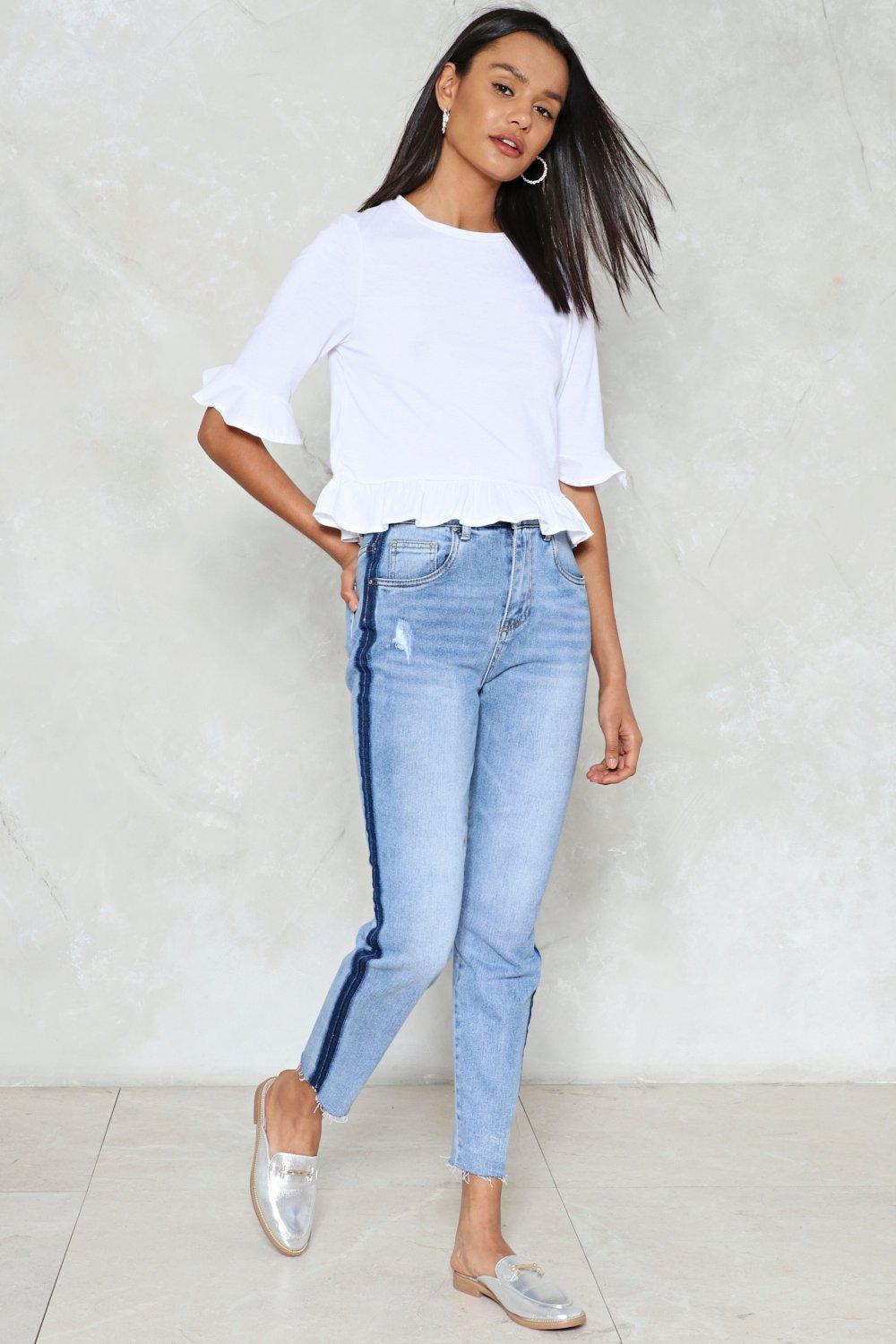 light blue jeans with side stripe