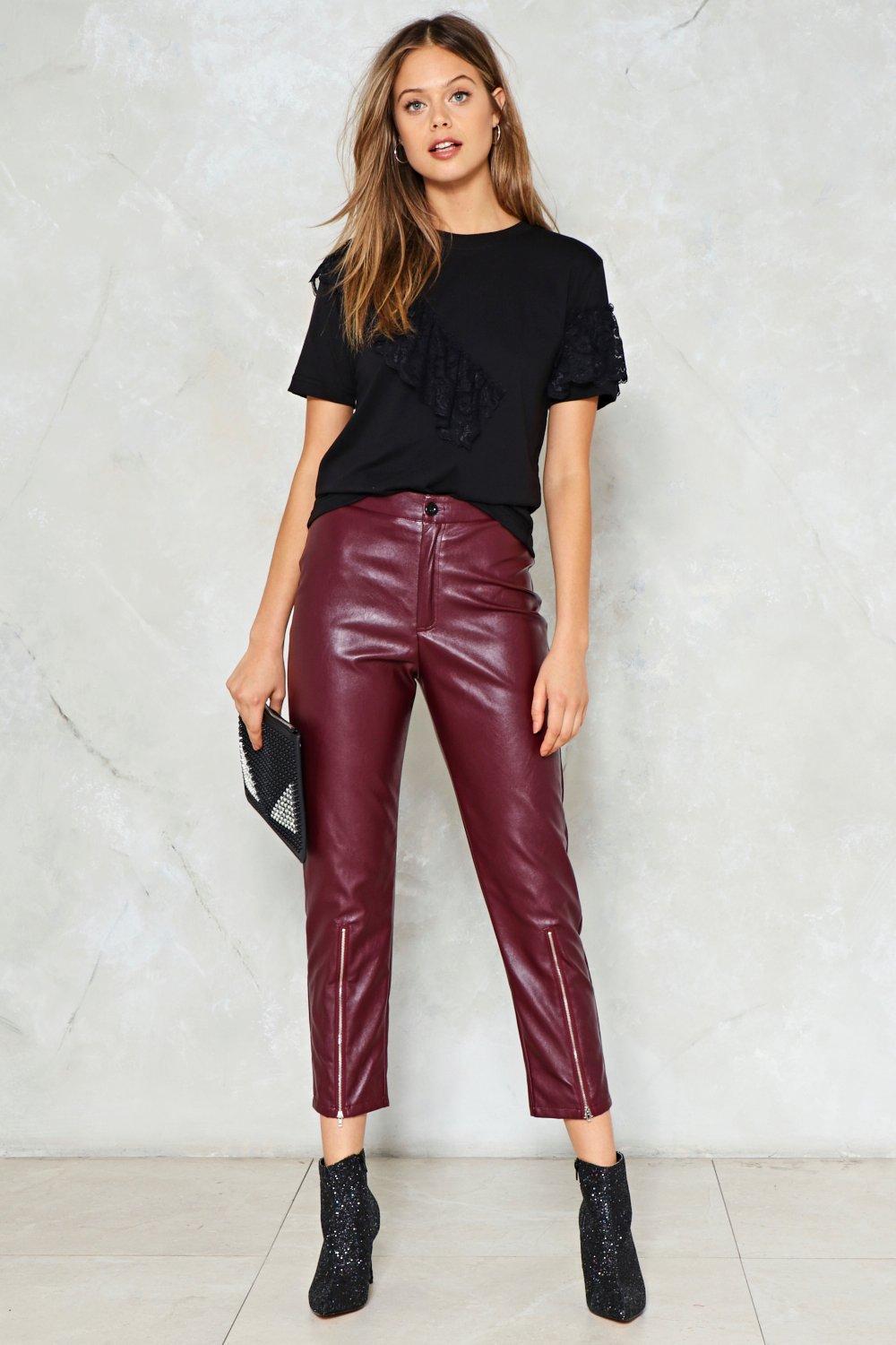 maroon leather jeans