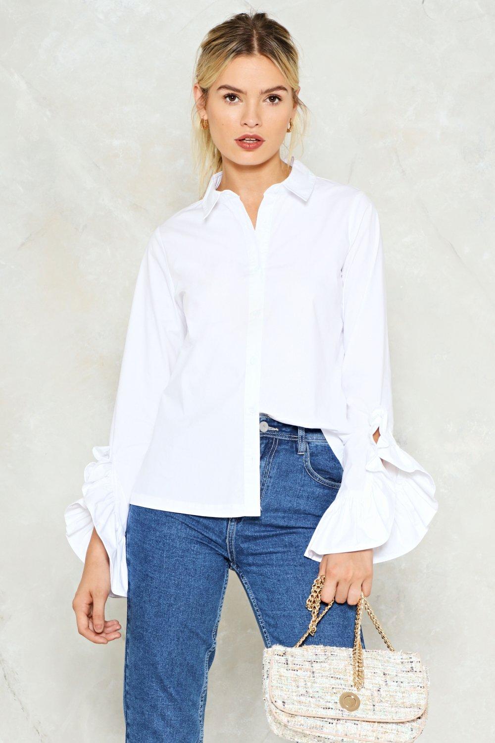 white button up ruffle shirt