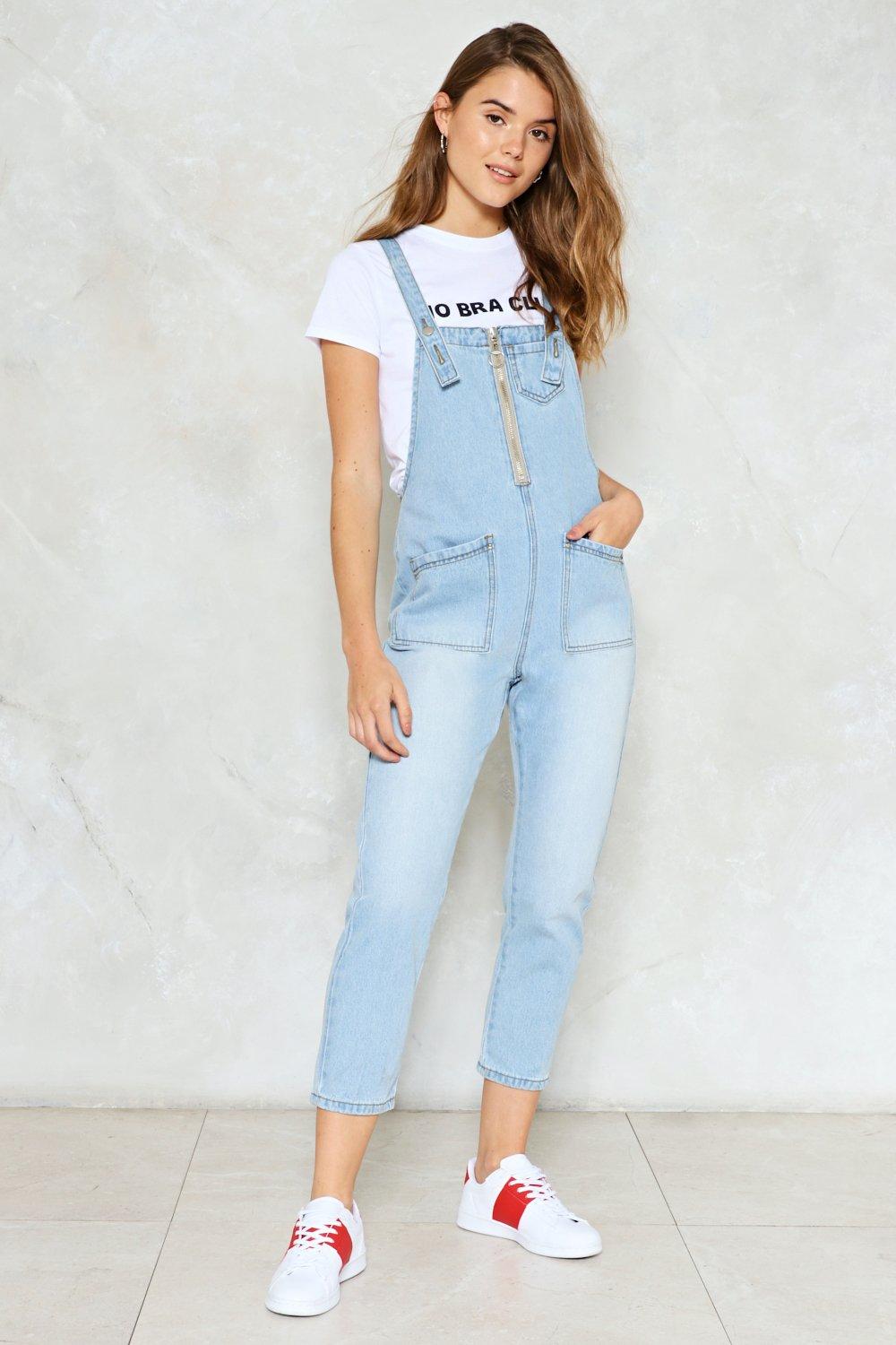 zip front denim overalls