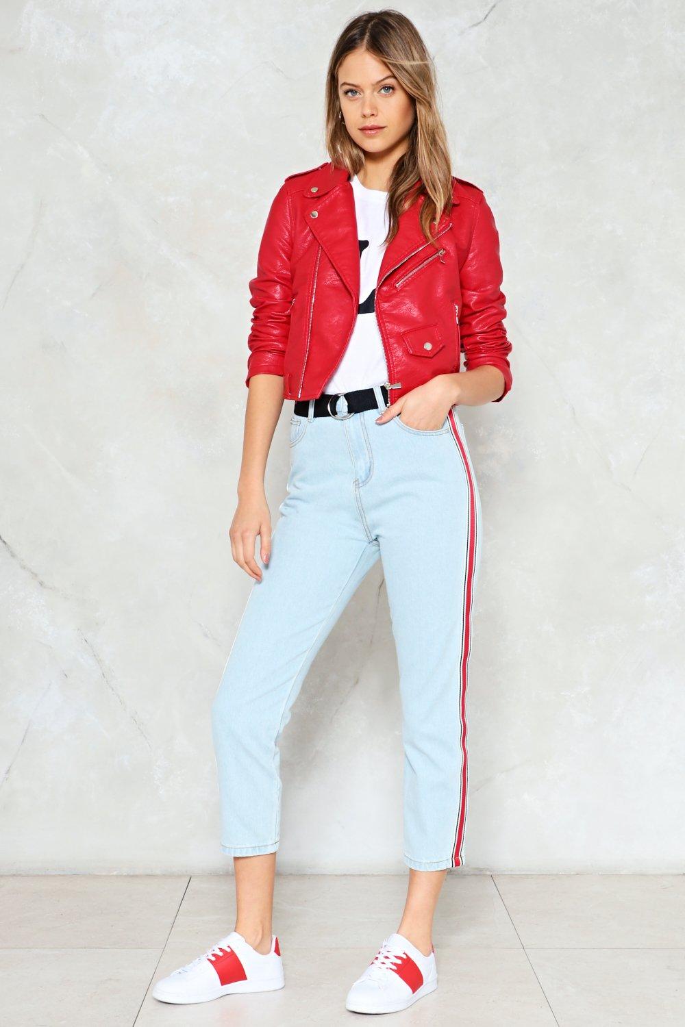 jeans with red and white stripe