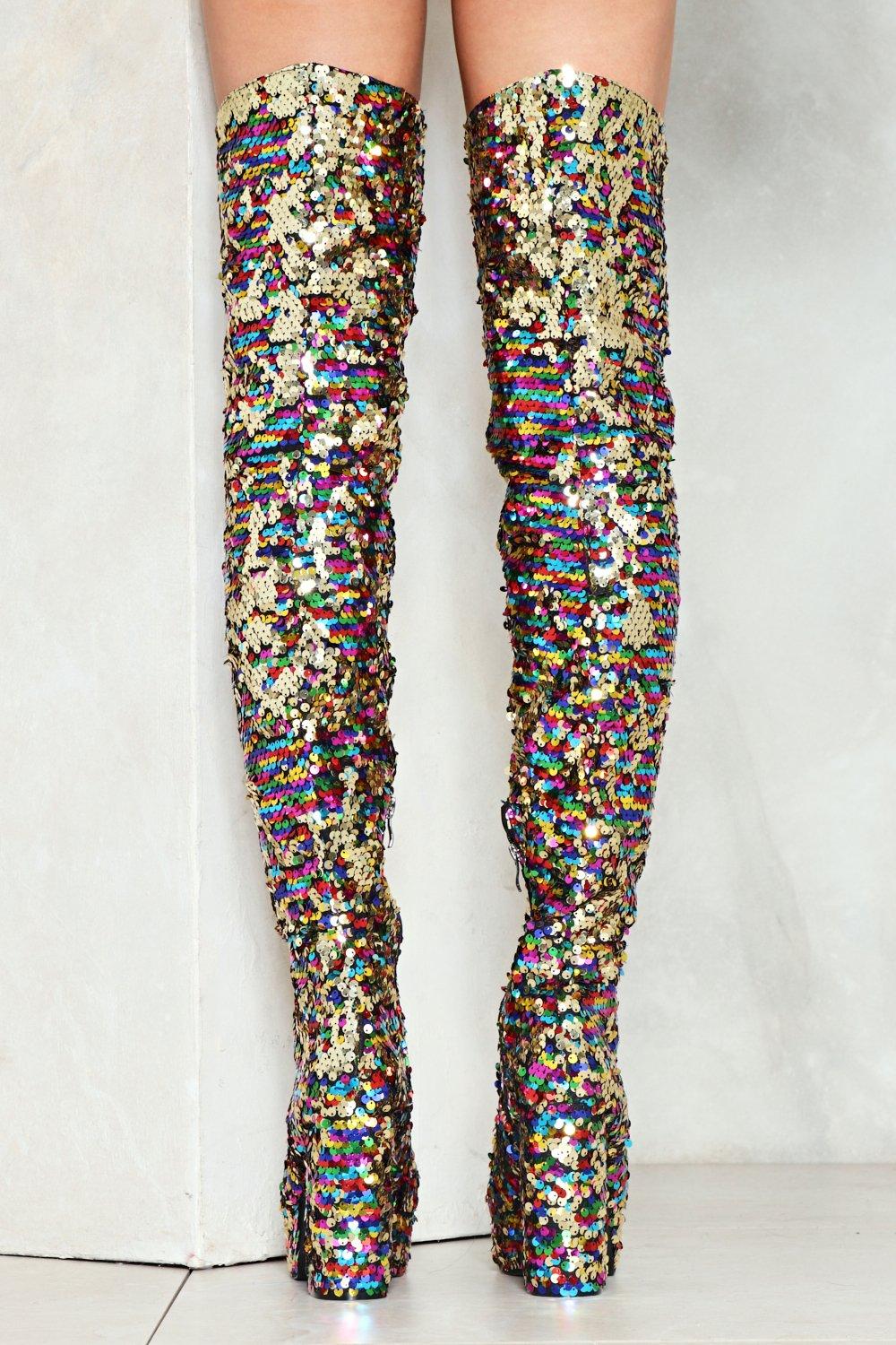 Sequin thigh high boots clearance chunky heel