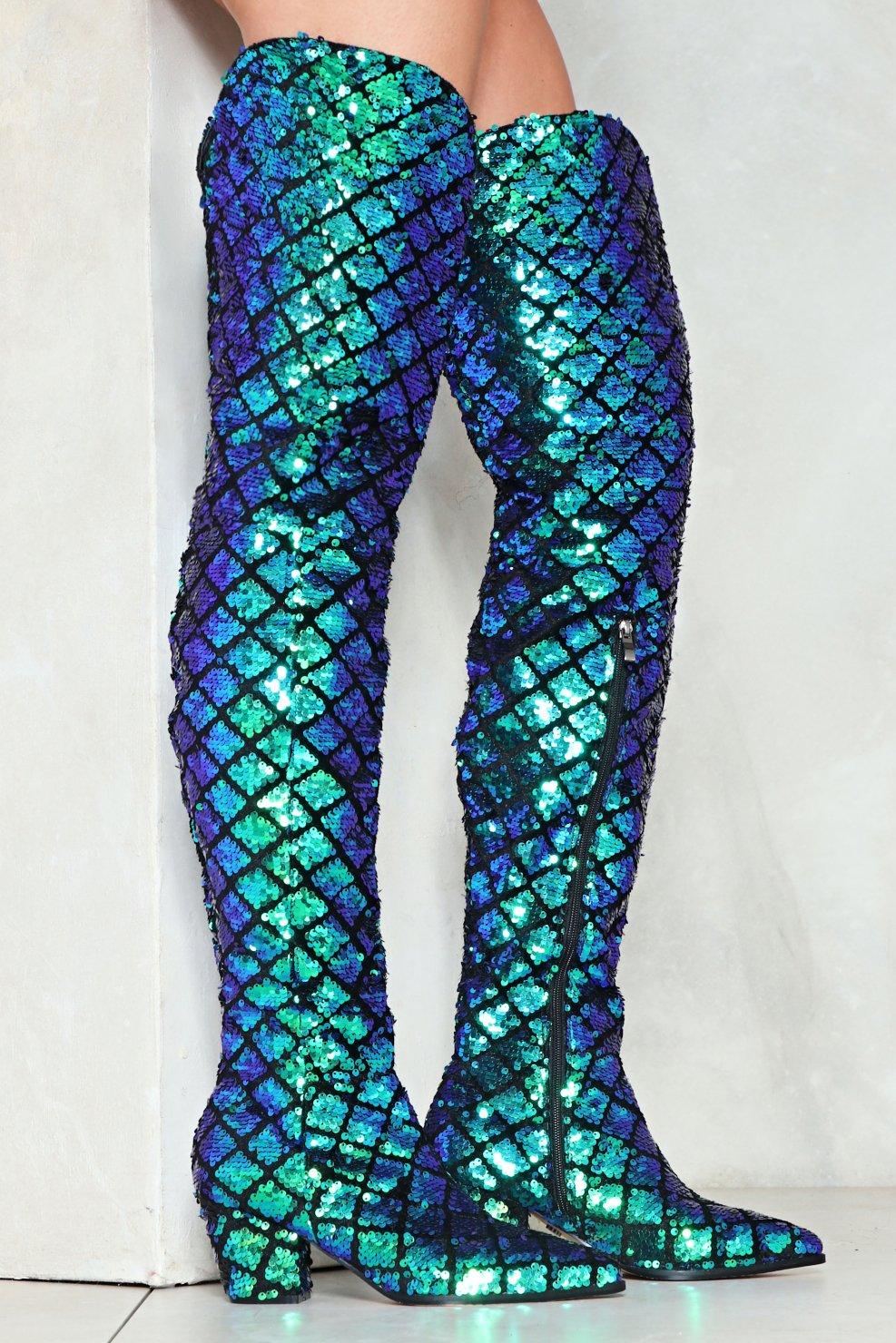 mermaid sequin thigh high boots