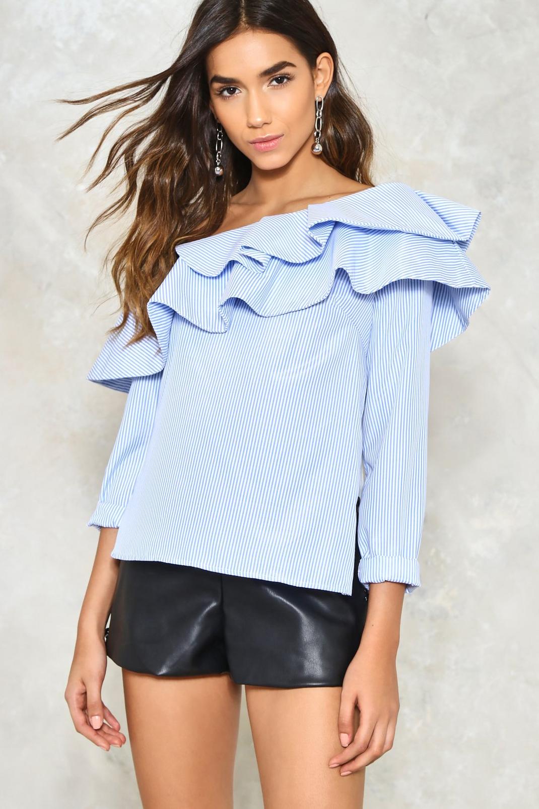 Blue Ruffle Around the Edges One Shoulder Top image number 1