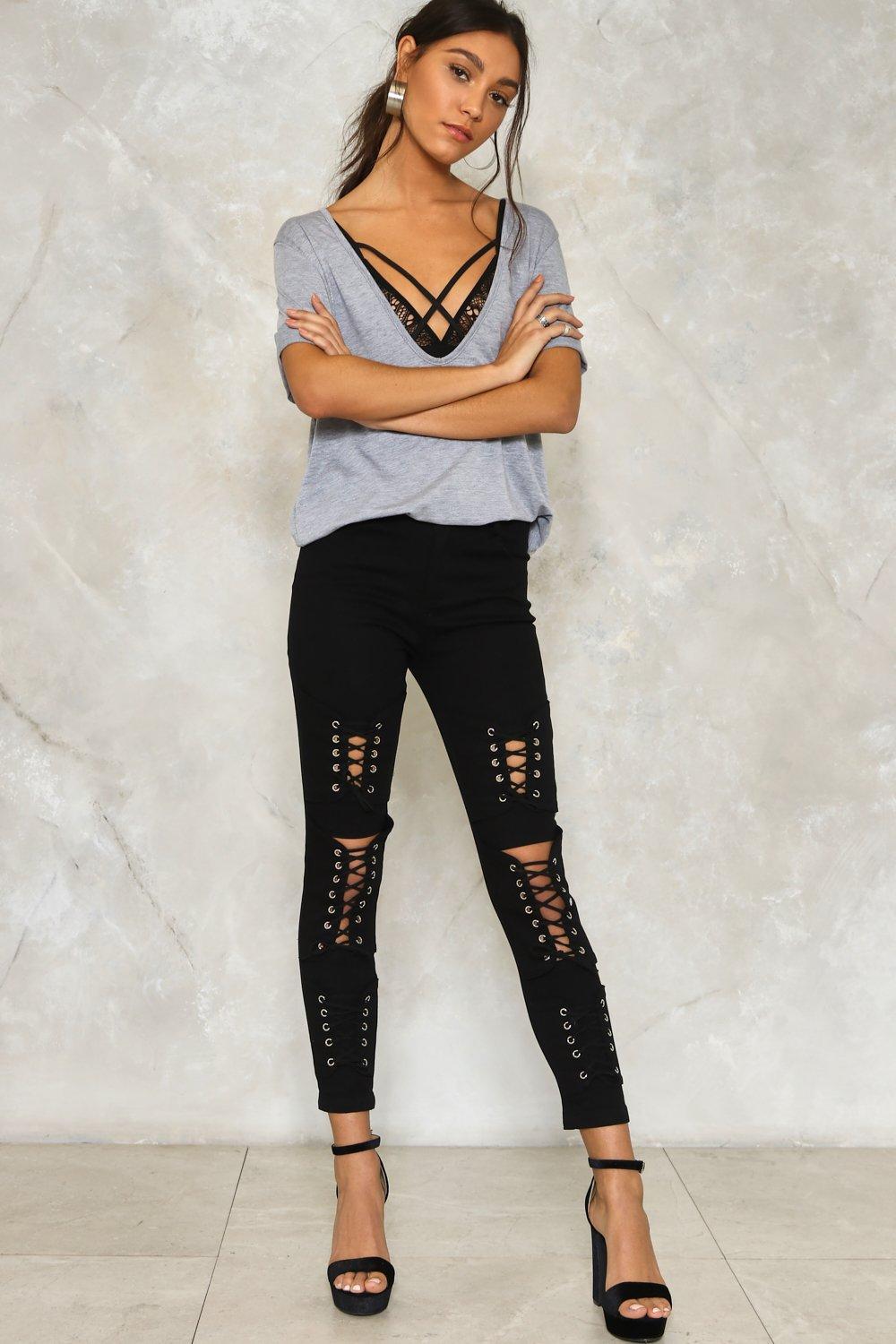 black lace up skinny jeans