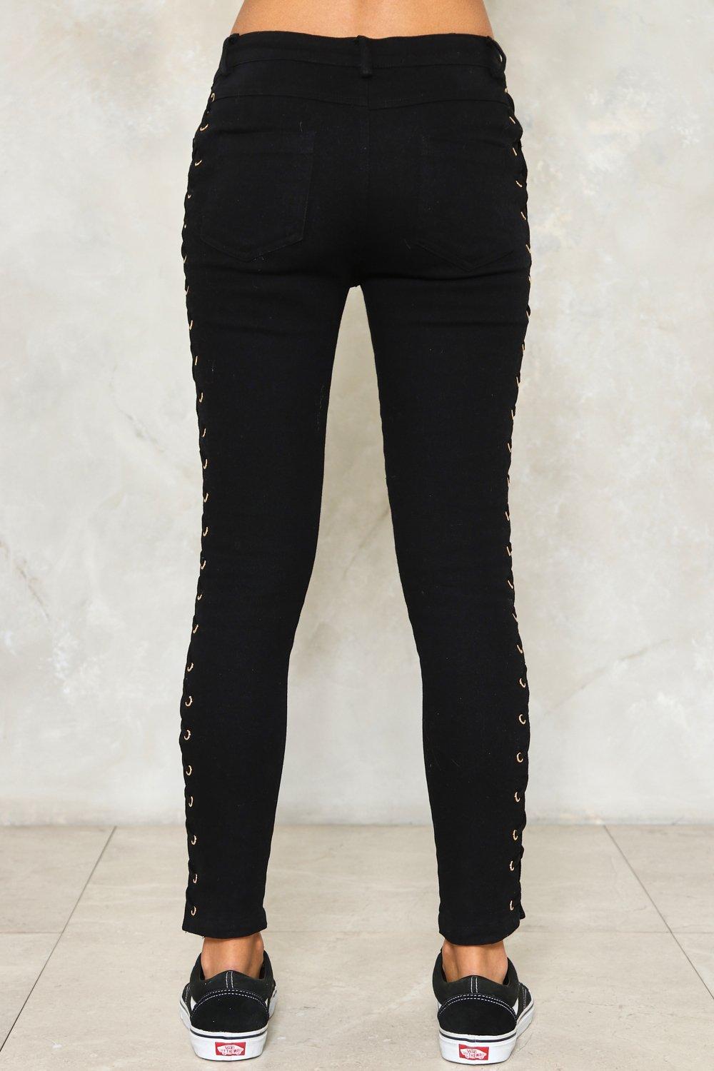 Side Lace-up Nano Enamel Pants - Black