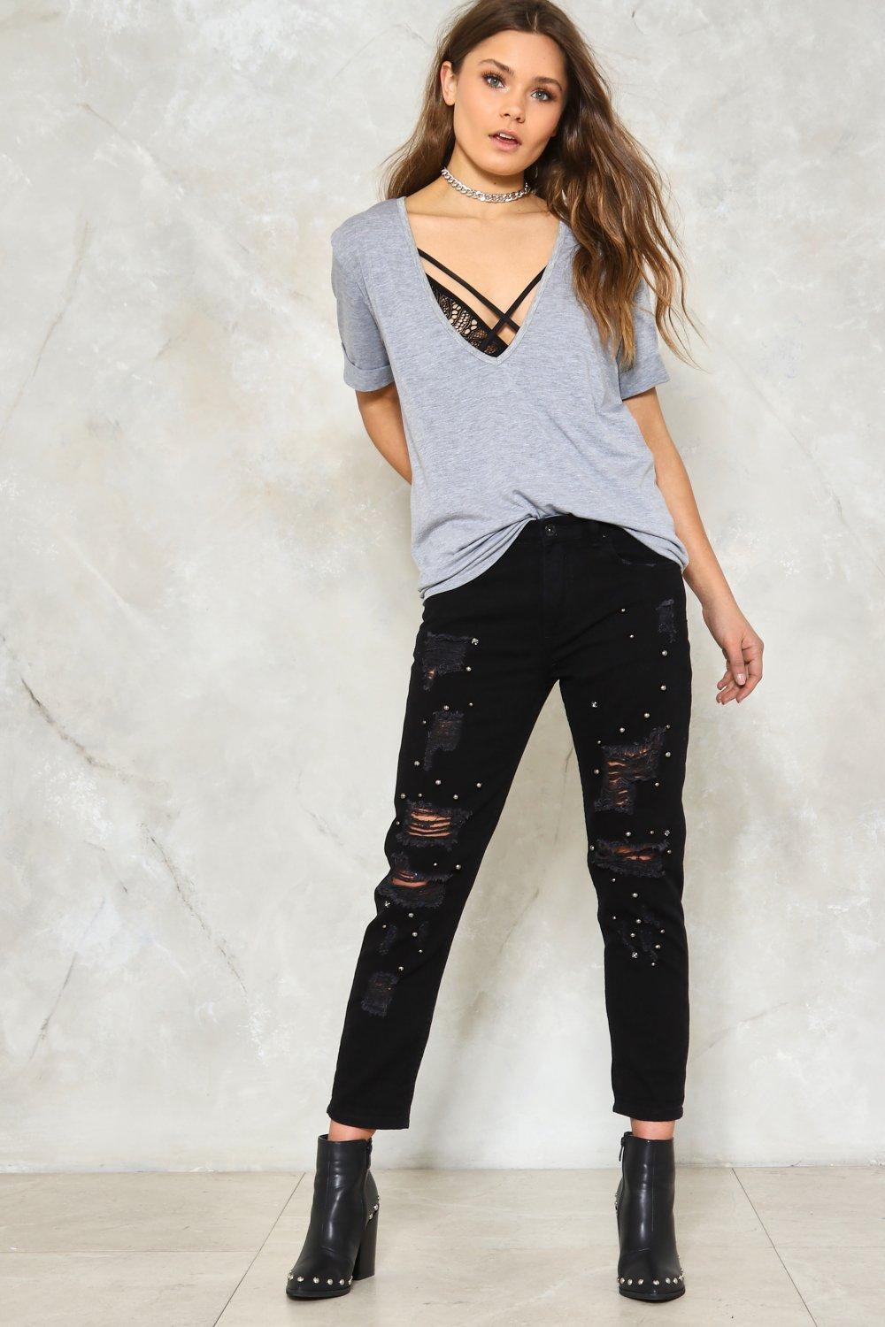 black jeans with pearls