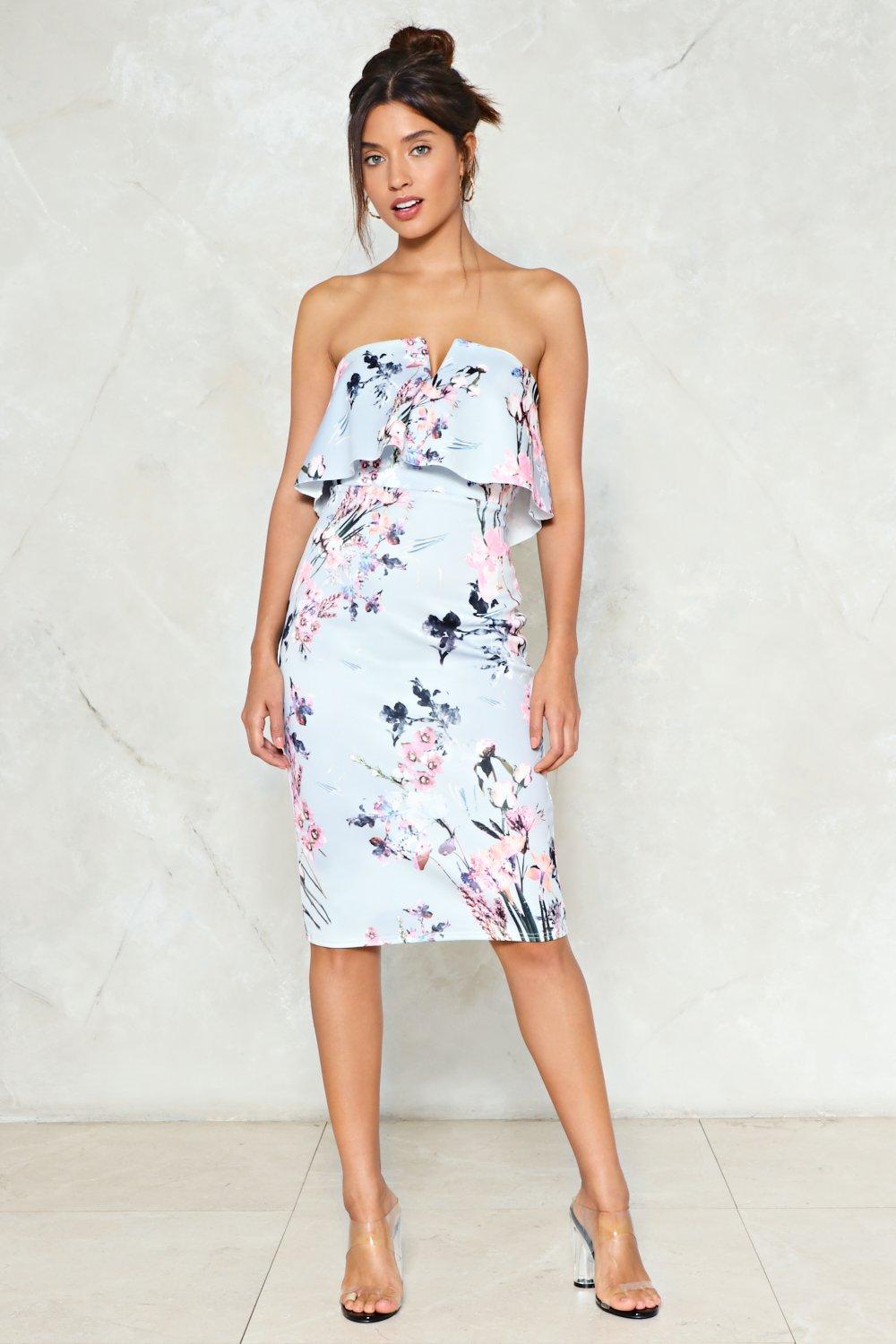 strapless floral midi dress