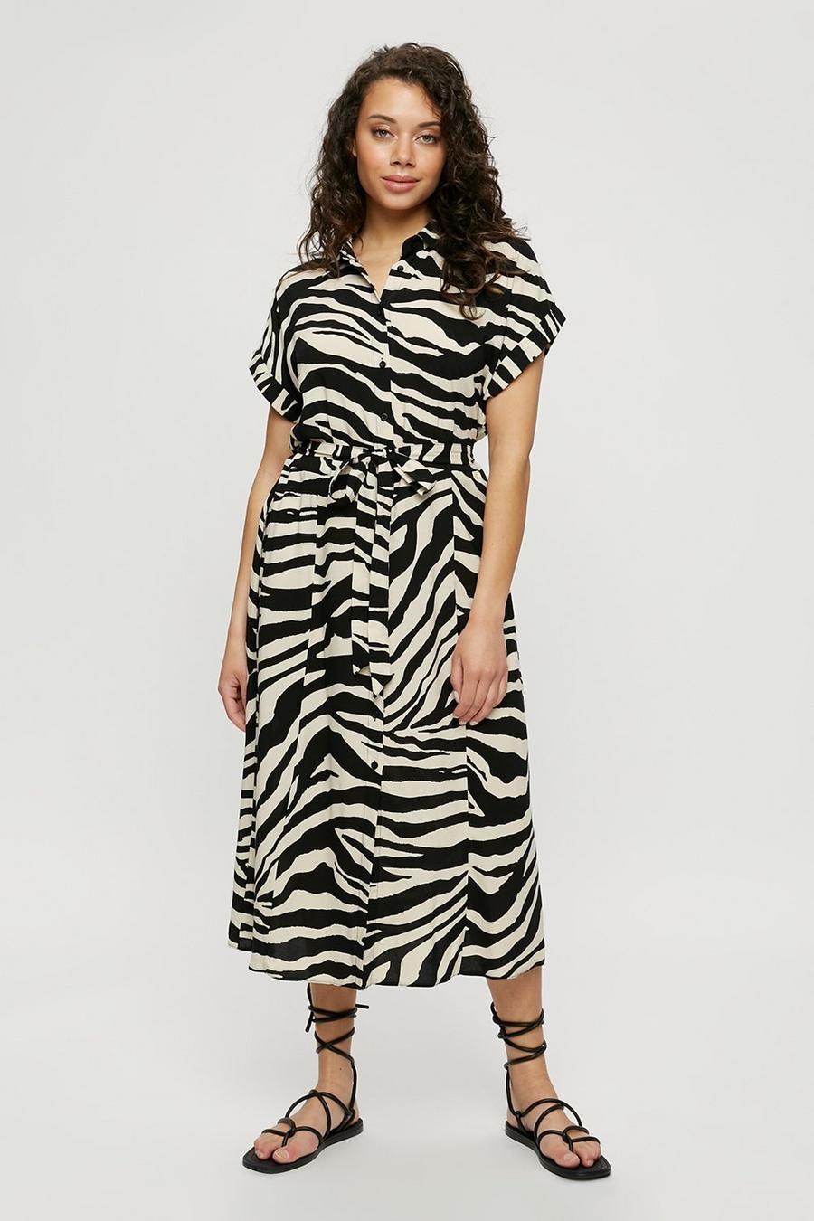 Zebra Short Sleeve Midi Shirt Dress 
