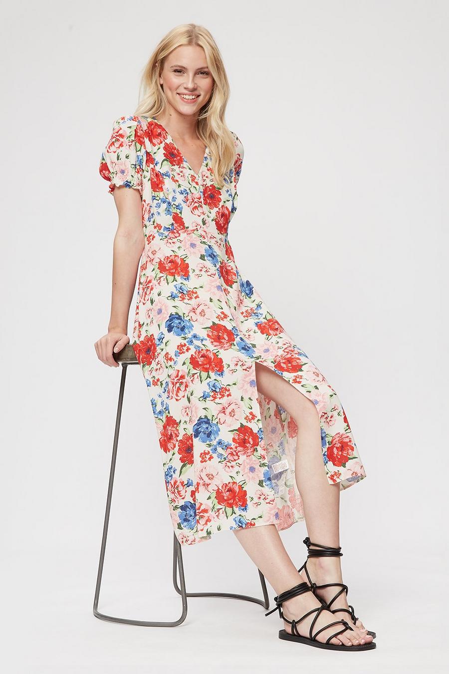 Red And Blue Floral Short Sleeve Midi Dress