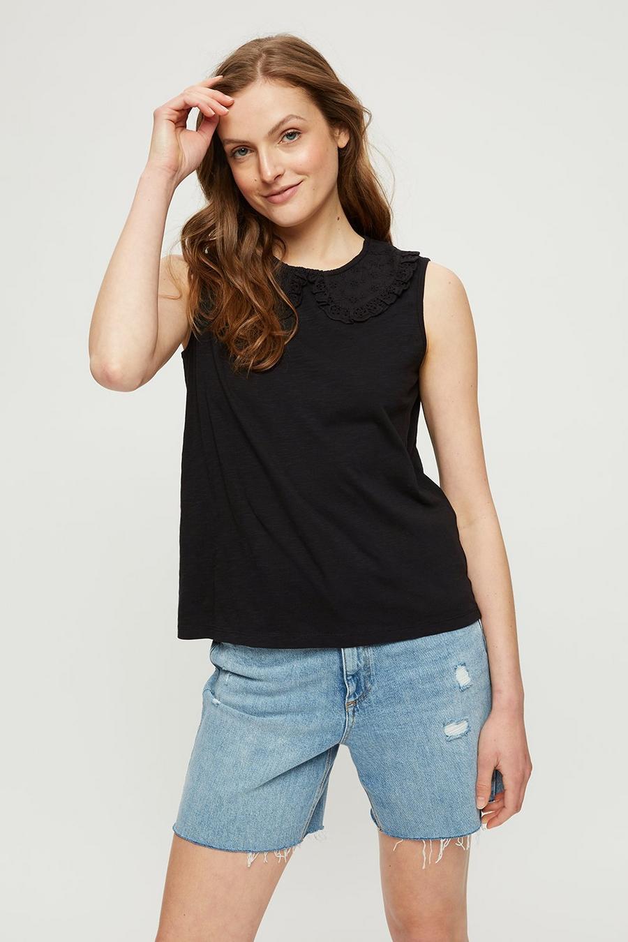 Black Broderie Collar Shell Top
