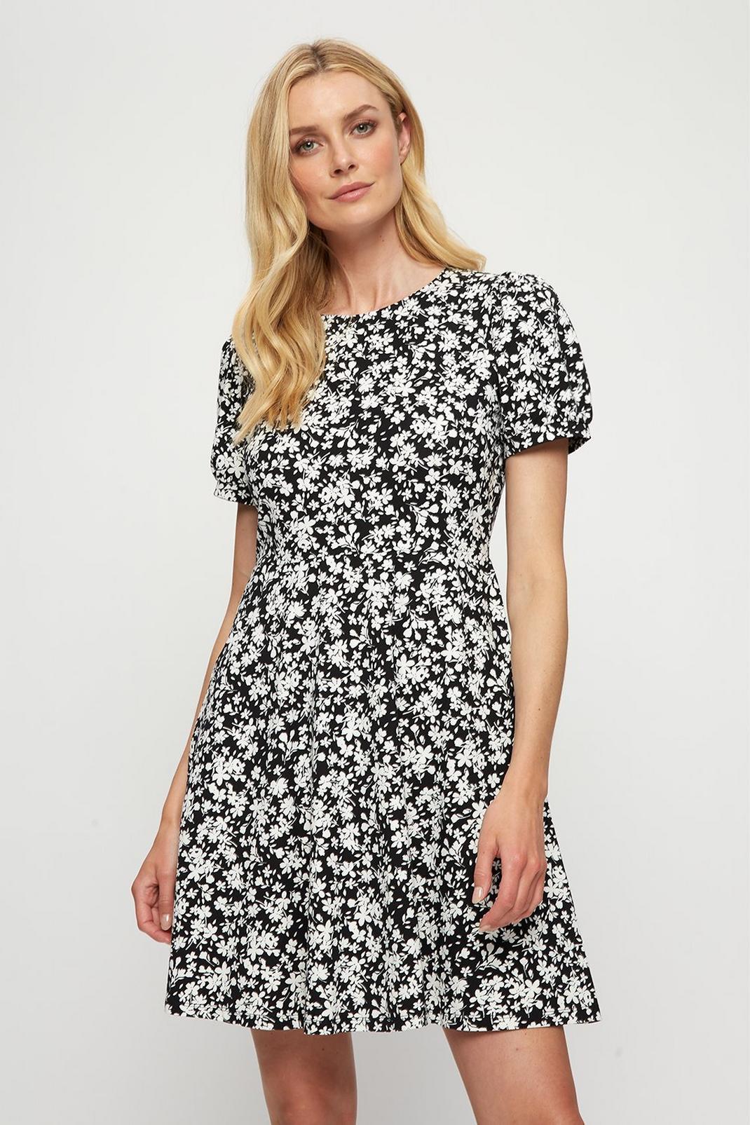 Black Mono Floral Organic T-Shirt Dress image number 1