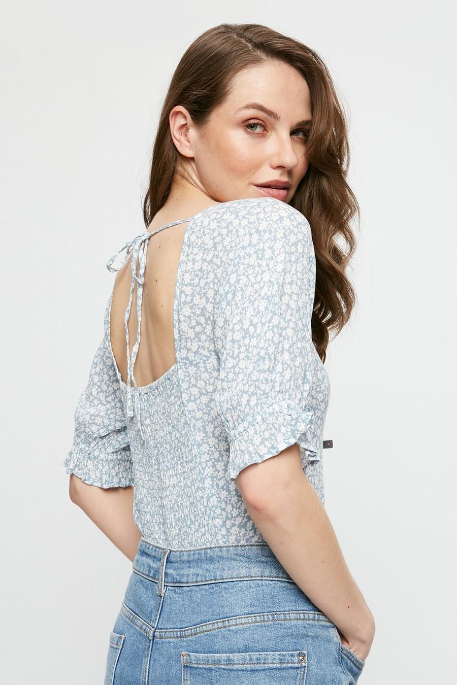 Blue Ditsy Tie Back Top