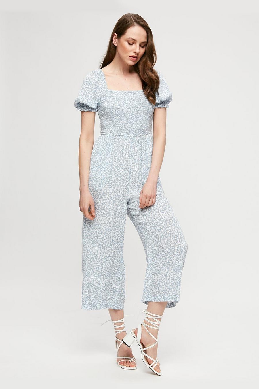 Blue Ditsy Shirred Jumpsuit 