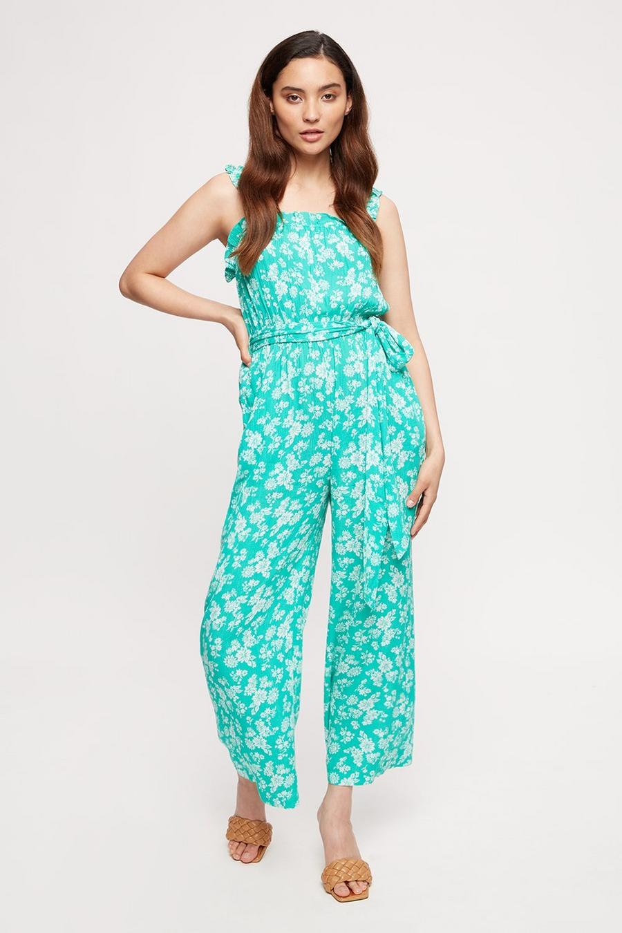 Petite Green And White Floral Jumpsuit