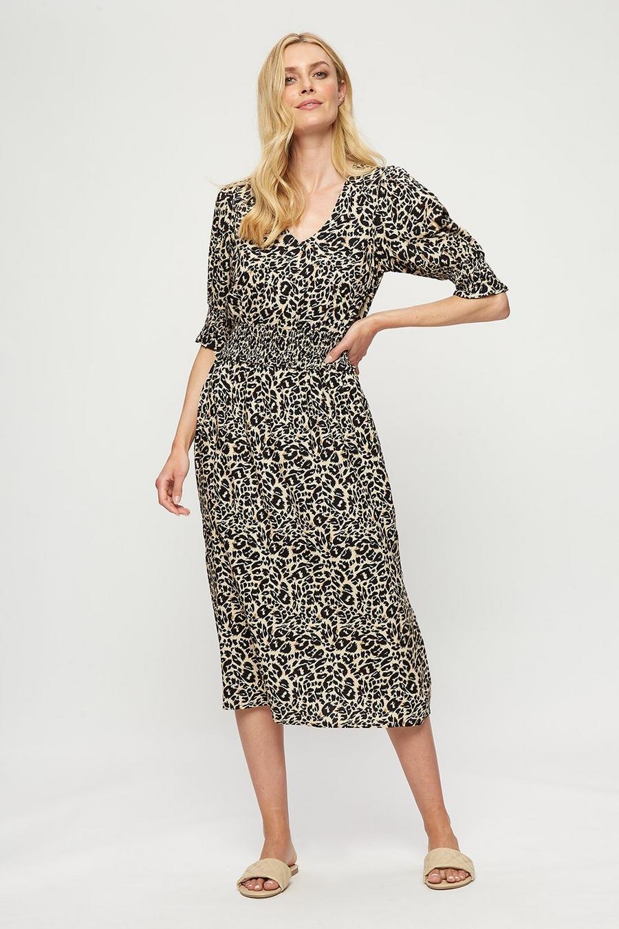 Leopard Shirred Waist Midi Dress 