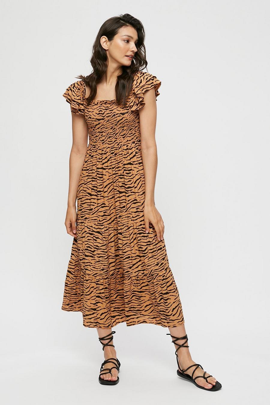 Zebra Shirred Midi Dress