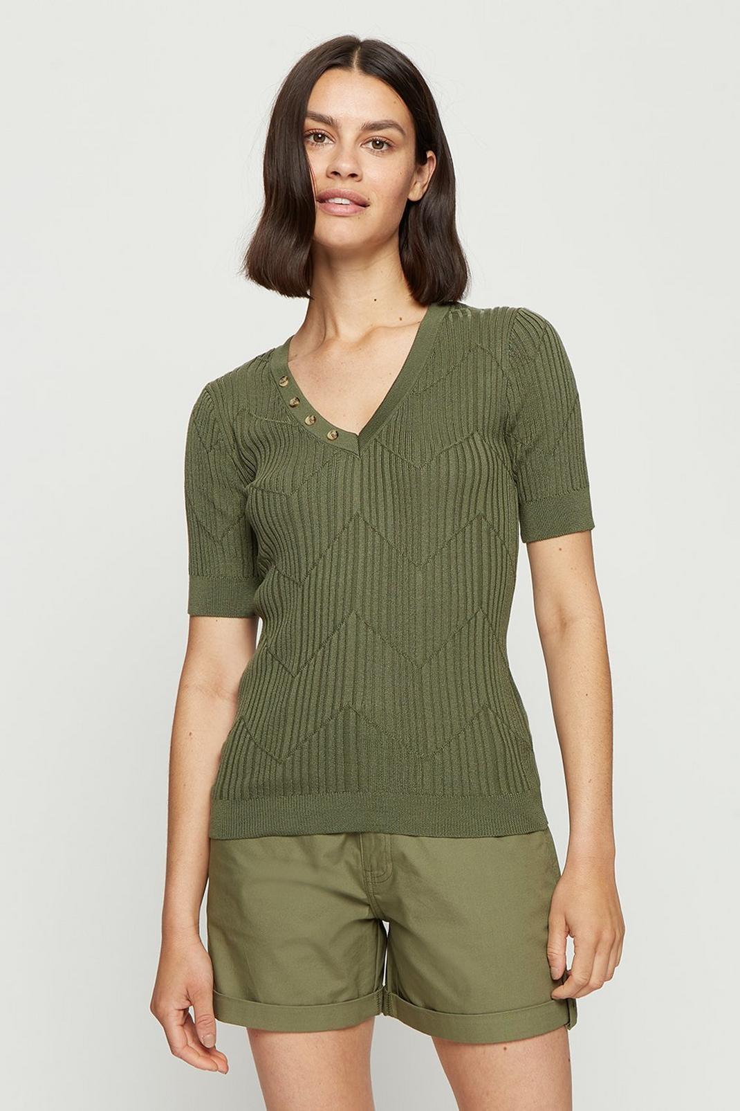 Khaki V Neck Button Detail Knitted T-Shirt image number 1