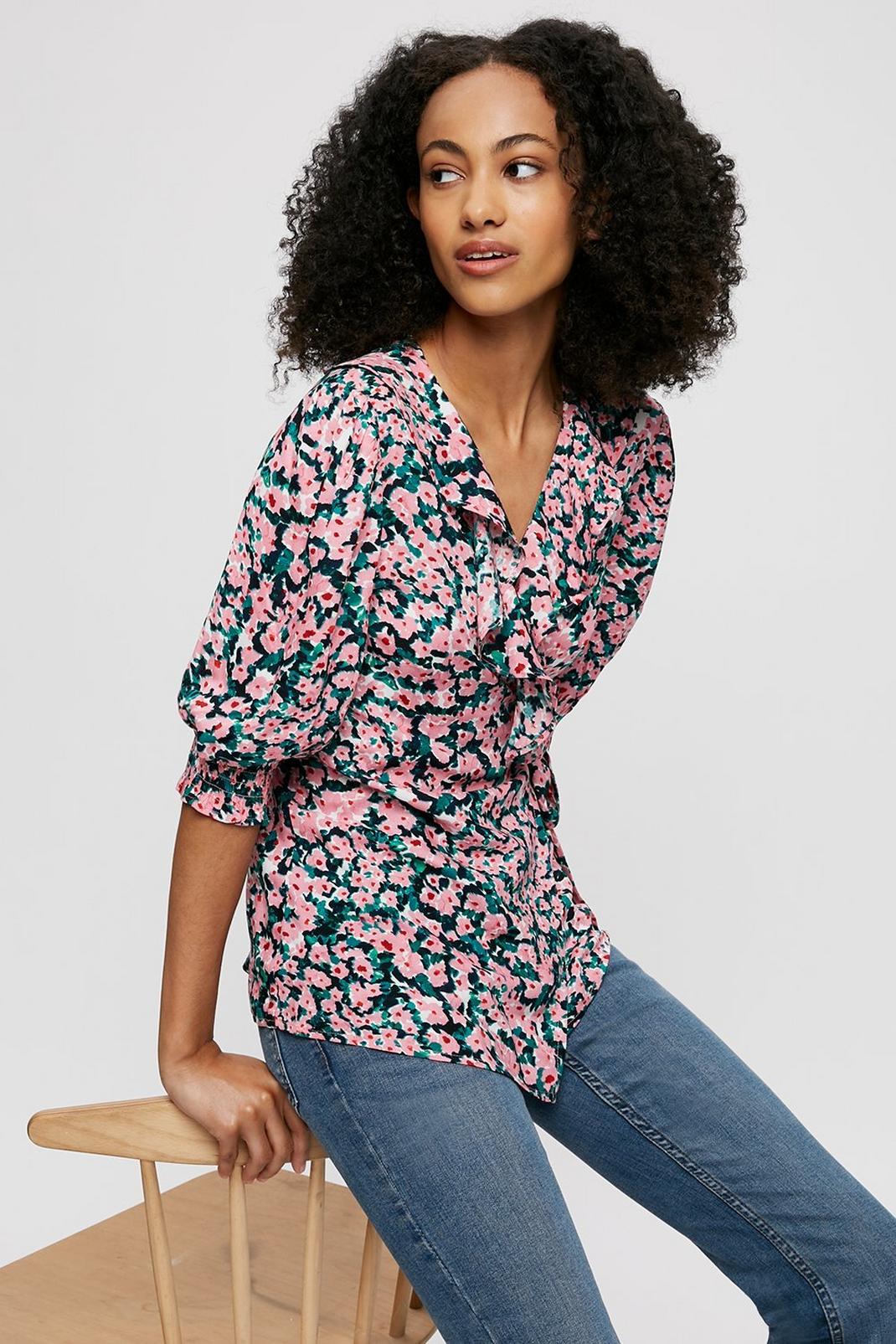 658 Tall Pink And Green Floral Wrap Top image number 1