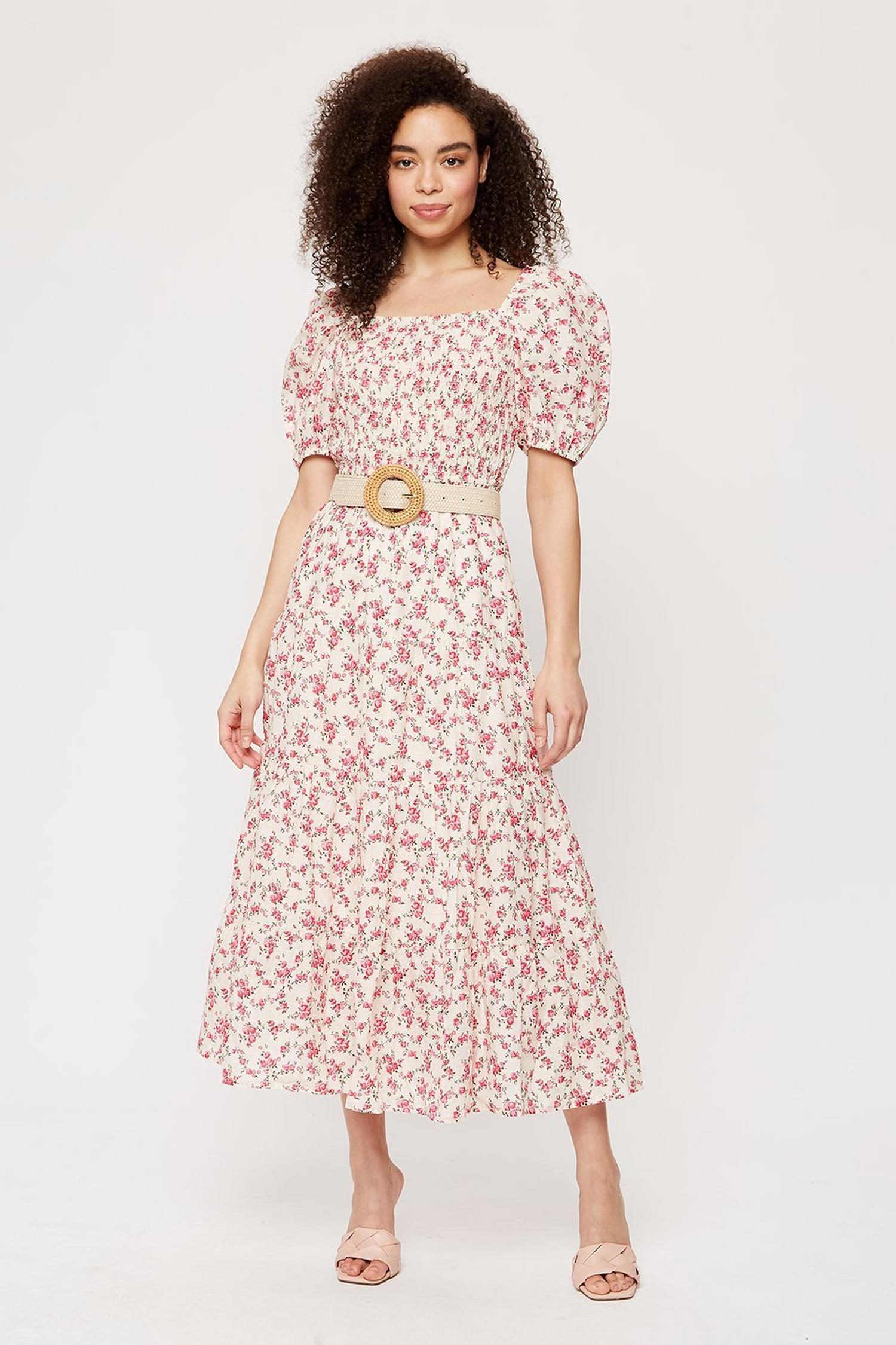 Pink Ditsy Shirred Puff Sleeve Midi Dress | Dorothy Perkins EU