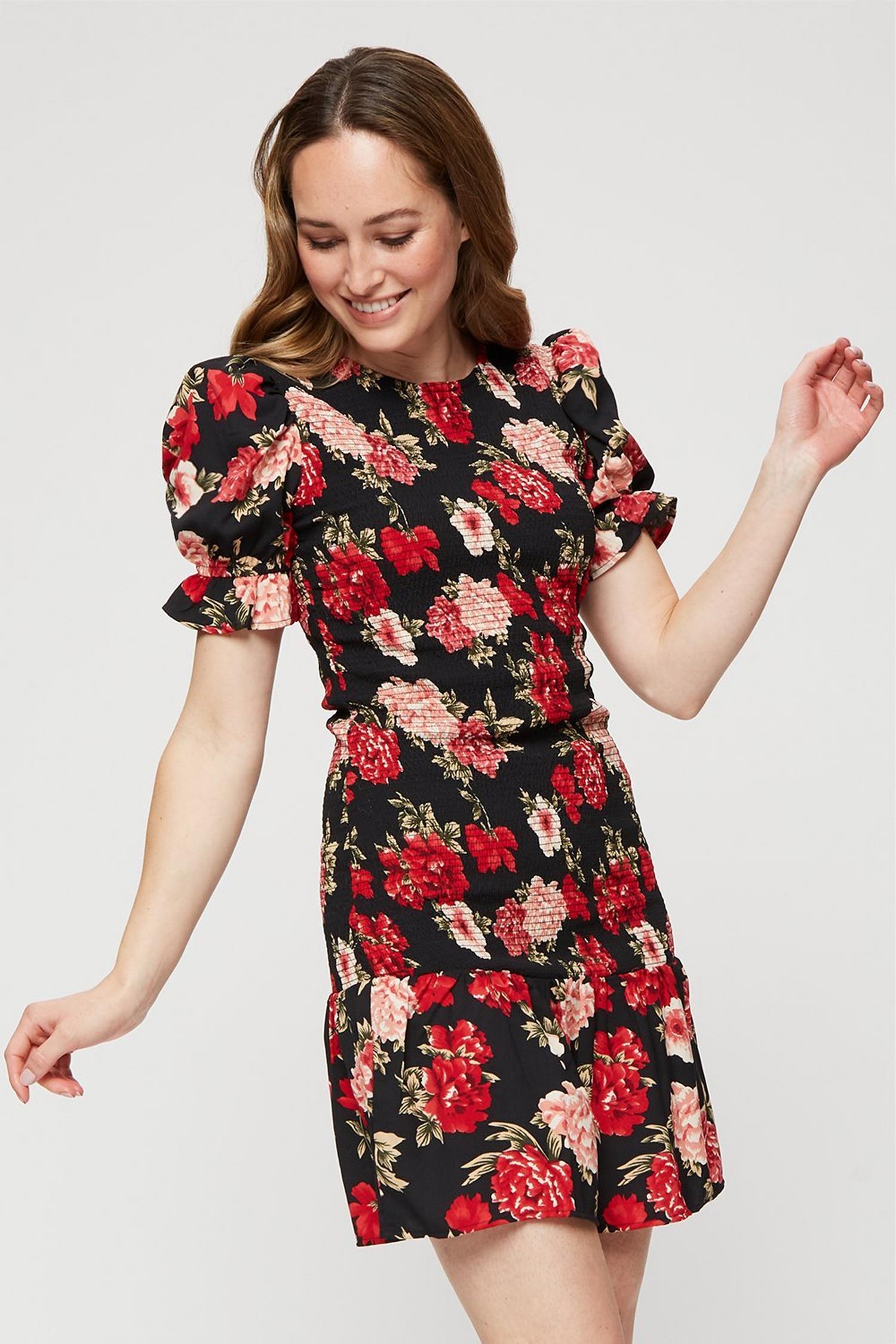 Floral Shirred Mini Dress | Dorothy Perkins UK