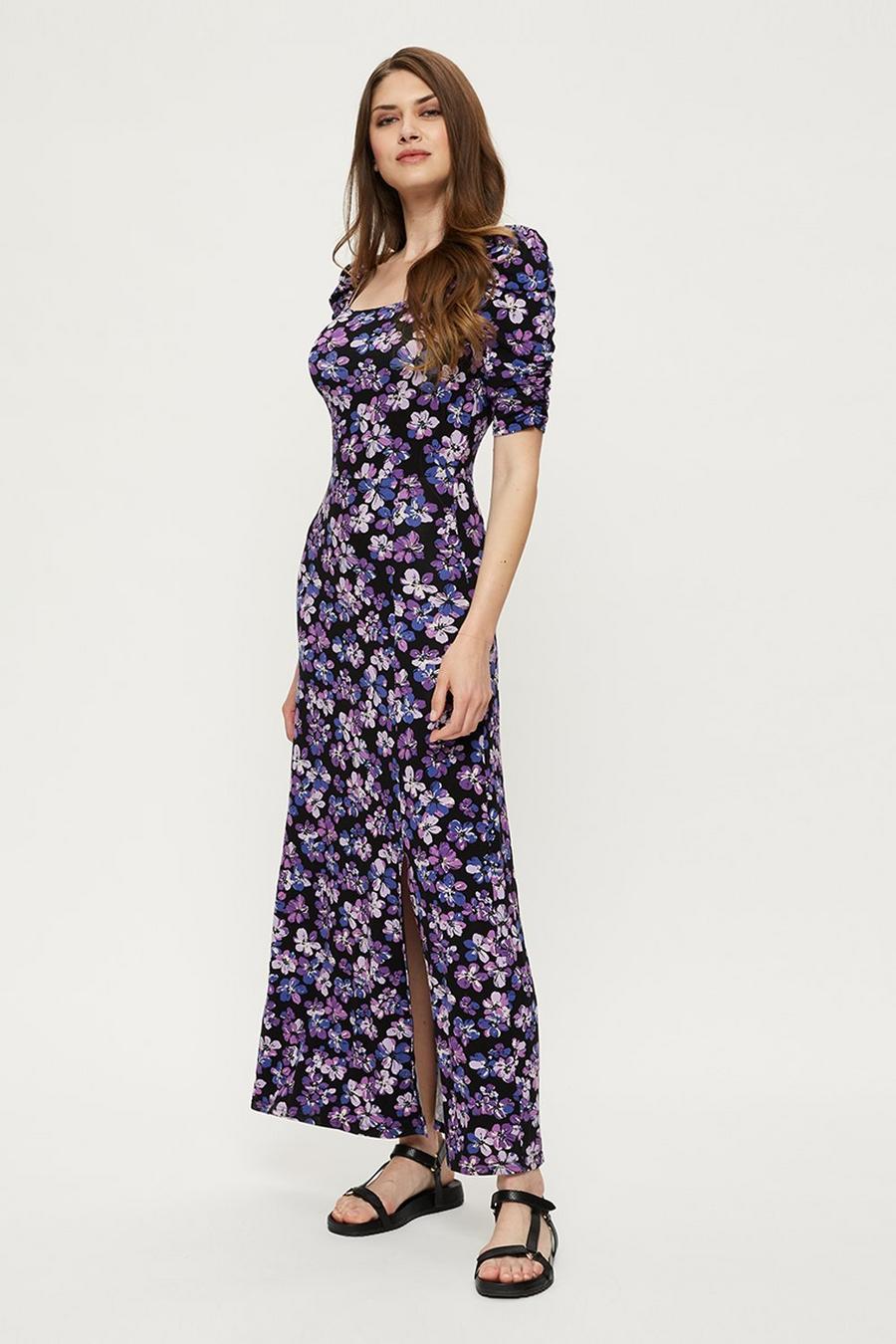 Tall Purple Floral Square Neck Midi Dress
