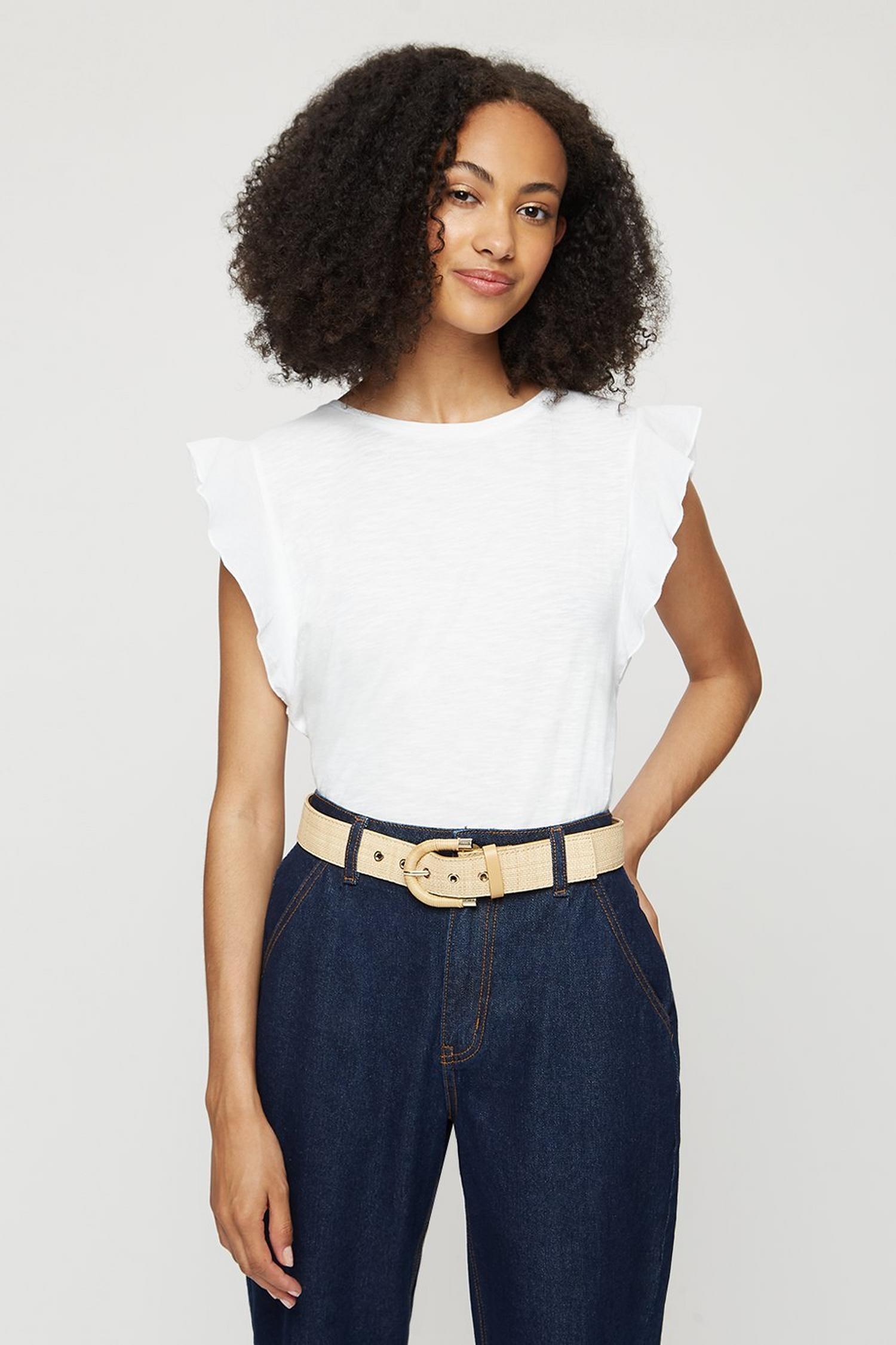 white t shirt with ruffle sleeves