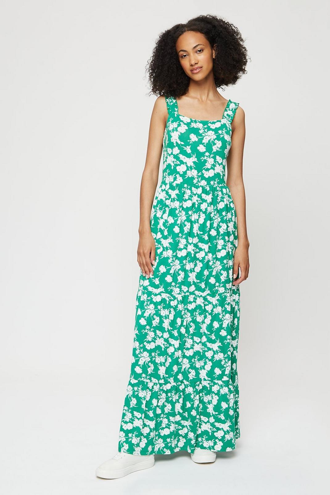 130 Tall Green Floral Tiered Maxi Dress image number 1