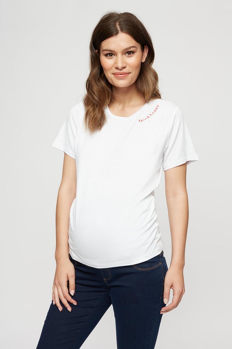 Maternity White Think Happy  Embroidered T-Shirt