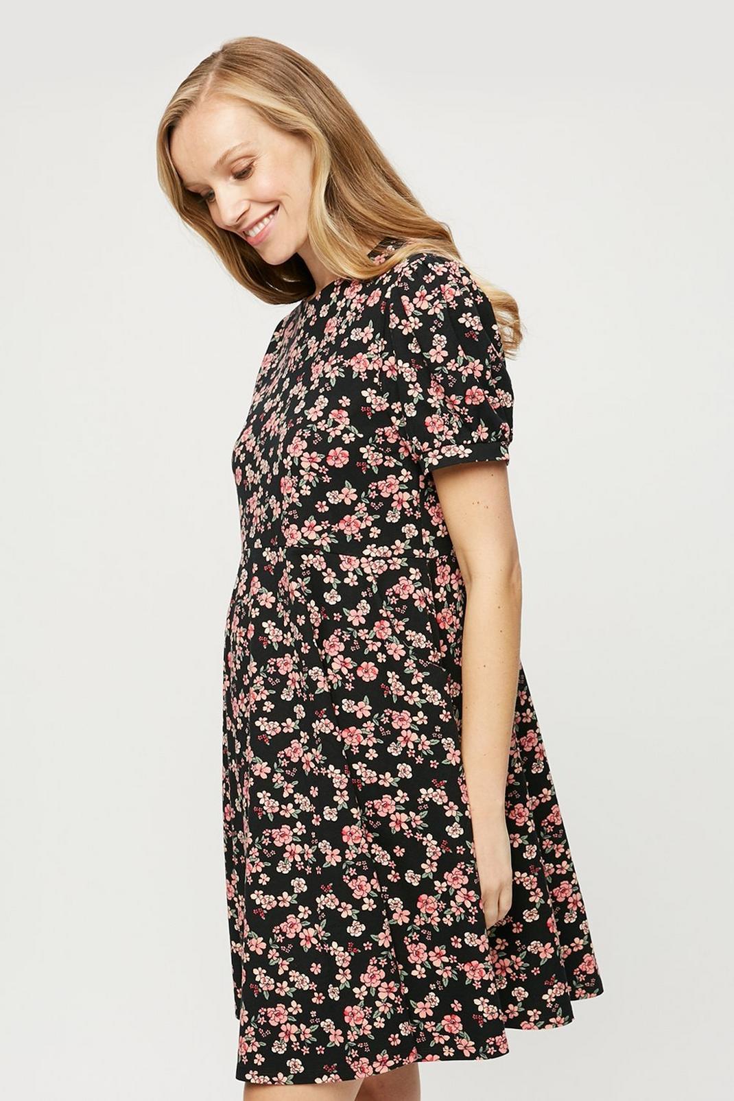 Black Maternity Floral Short Sleeve T-shirt Dress image number 1