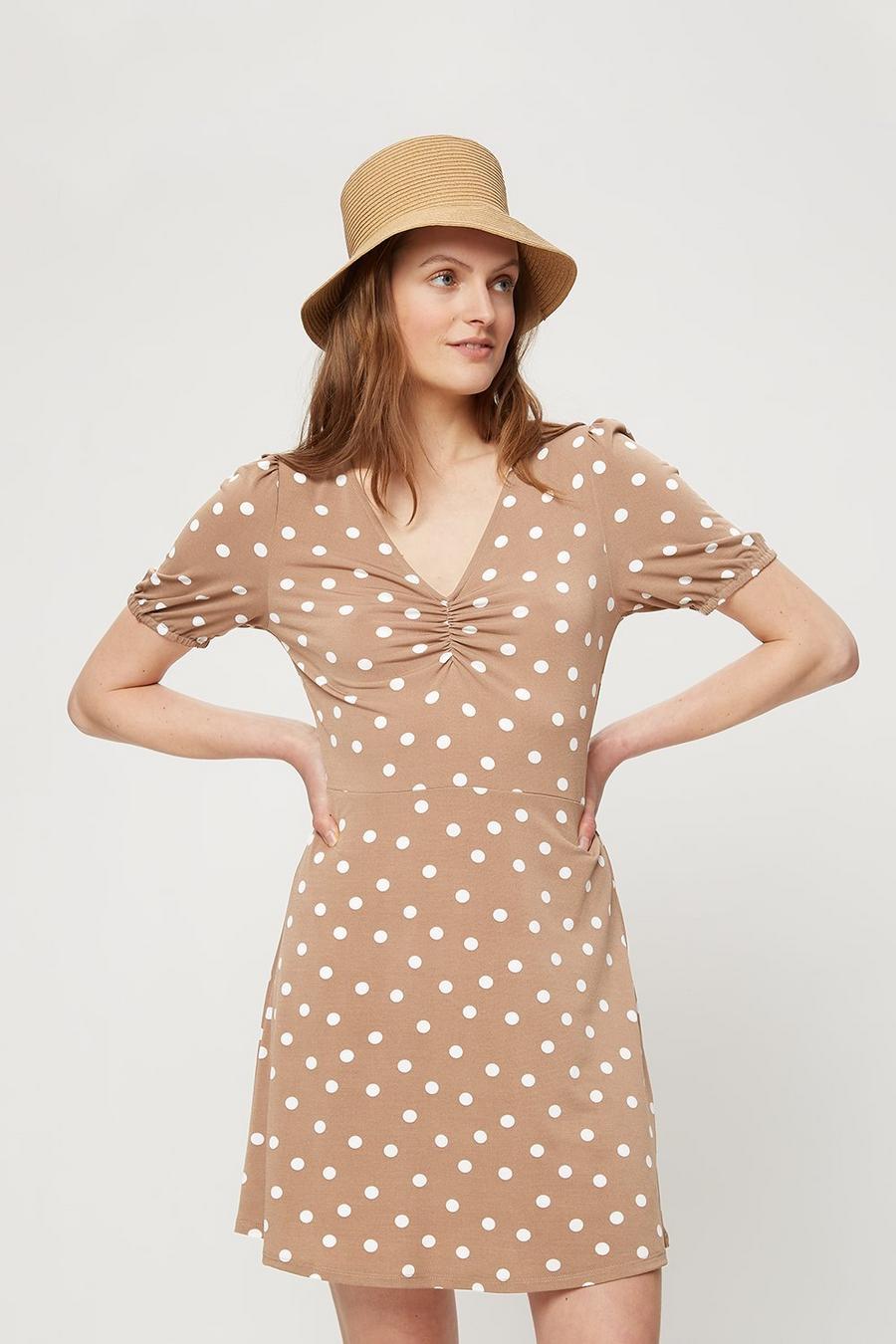 Taupe Spot Ruched Front Fit And Flare Dress