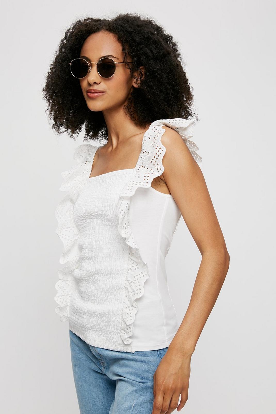 Tall White Shirred Body Broderie Frill Top image number 1