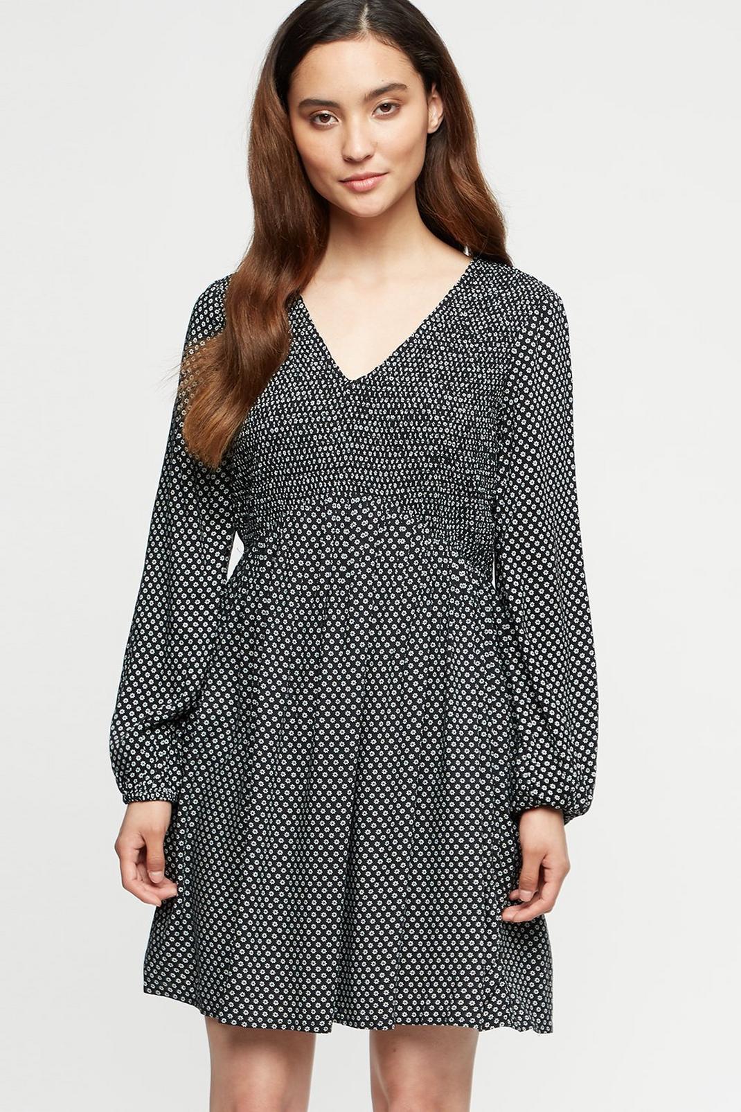 Petite Mono Ditsy Shirred Fit And Flare Dress image number 1