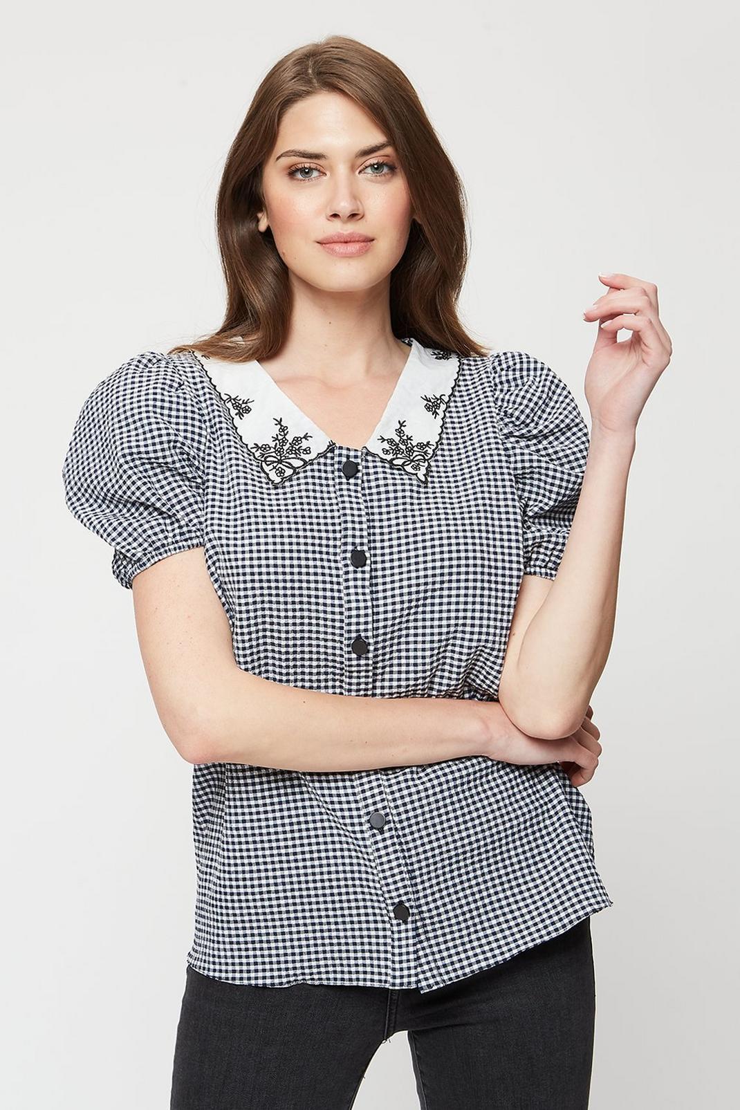 Mono Tall Black Gingham Collar Top image number 1