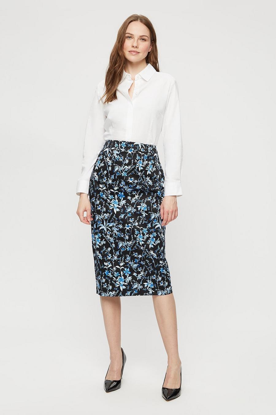 Black Cobalt Floral Tailored Pencil Skirt