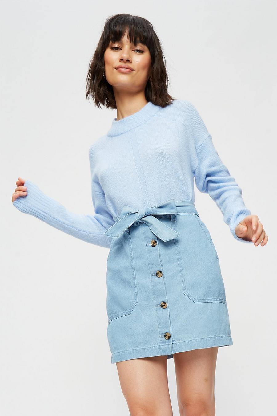 Petite Pale Blue Denim Button Detail Skirt 