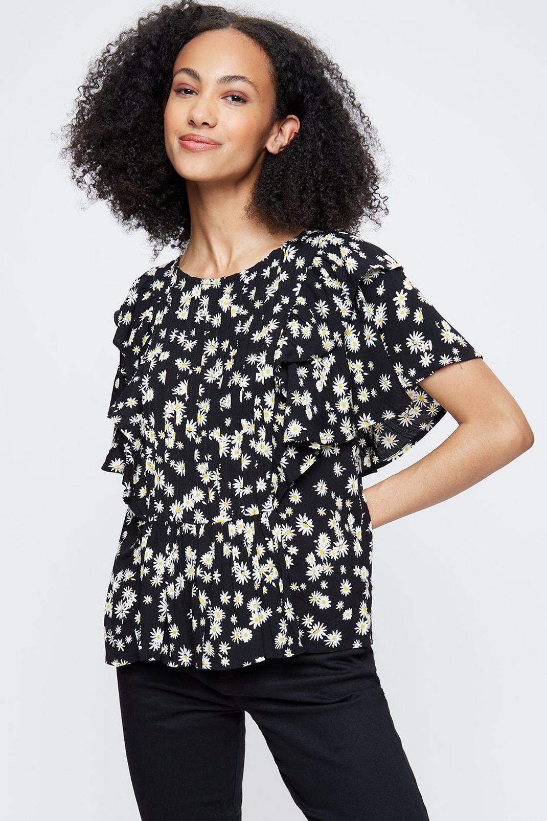 Tall Black Daisy Print Pleat Front Top image number 1