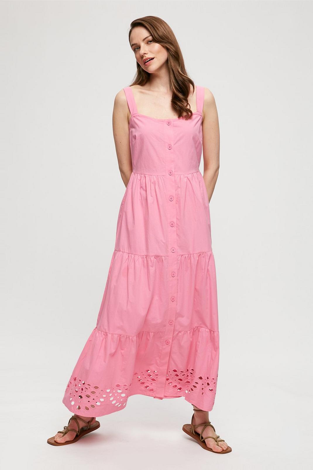 Pink Button Cut Work Midi Dress image number 1