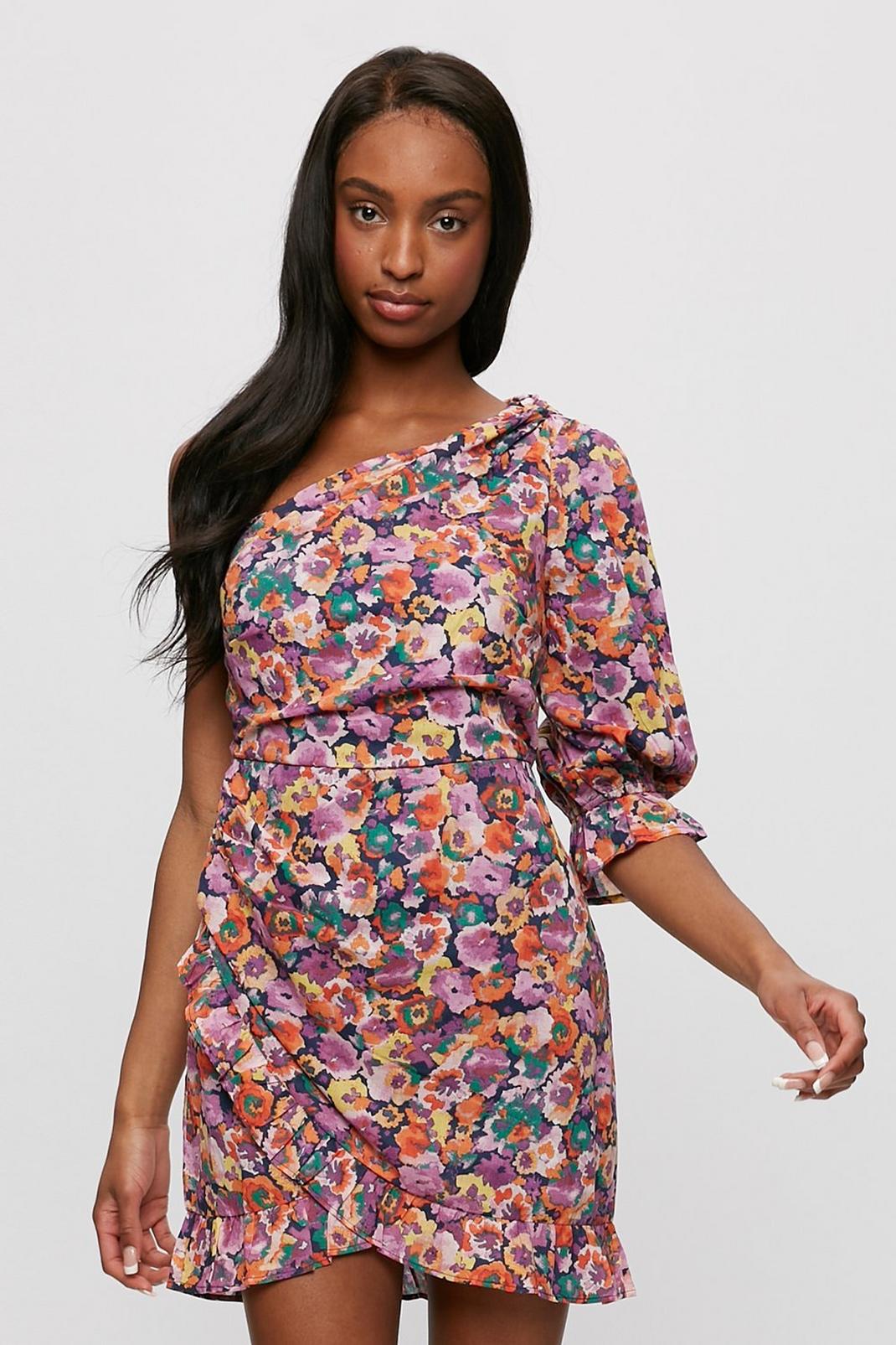 Multi Bright Floral Puff One Sleeve Mini Dress image number 1