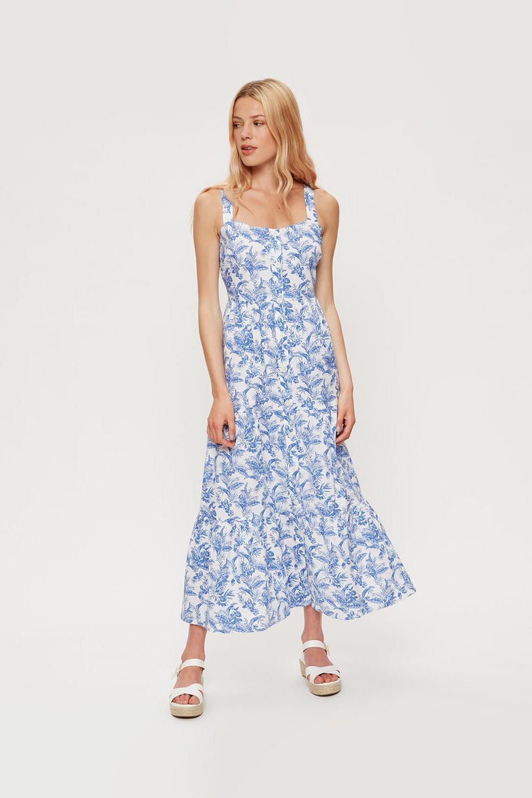 Blue White Floral Button Midi Dress image number 1
