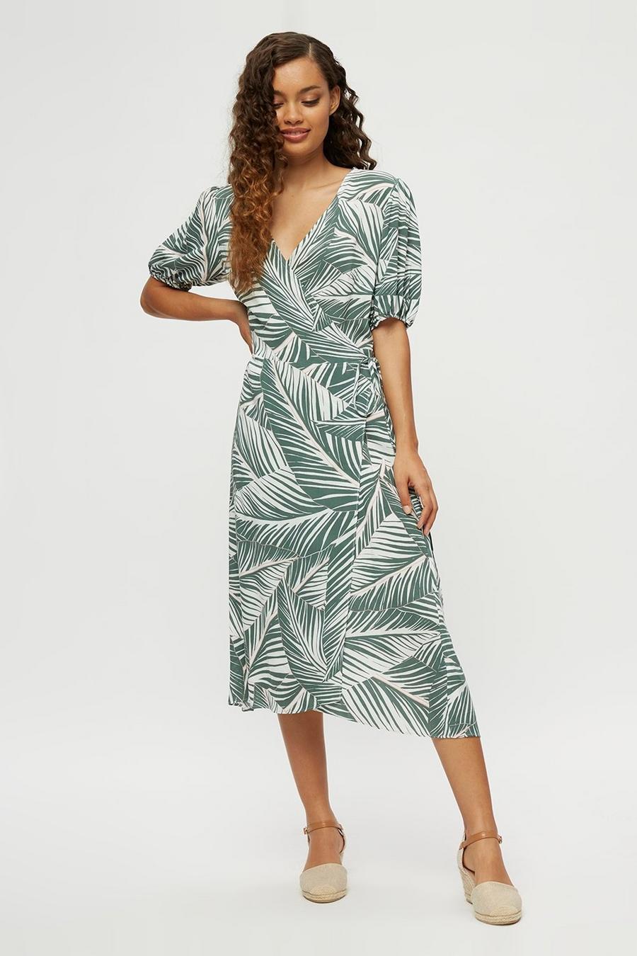 Petite Palm Print Wrap Dress