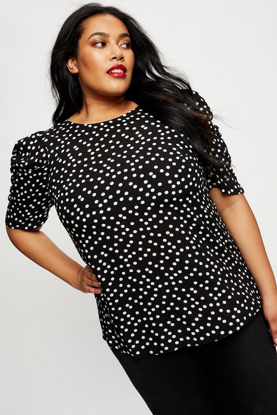Curve Black Spot Ruched Sleeve Top 
