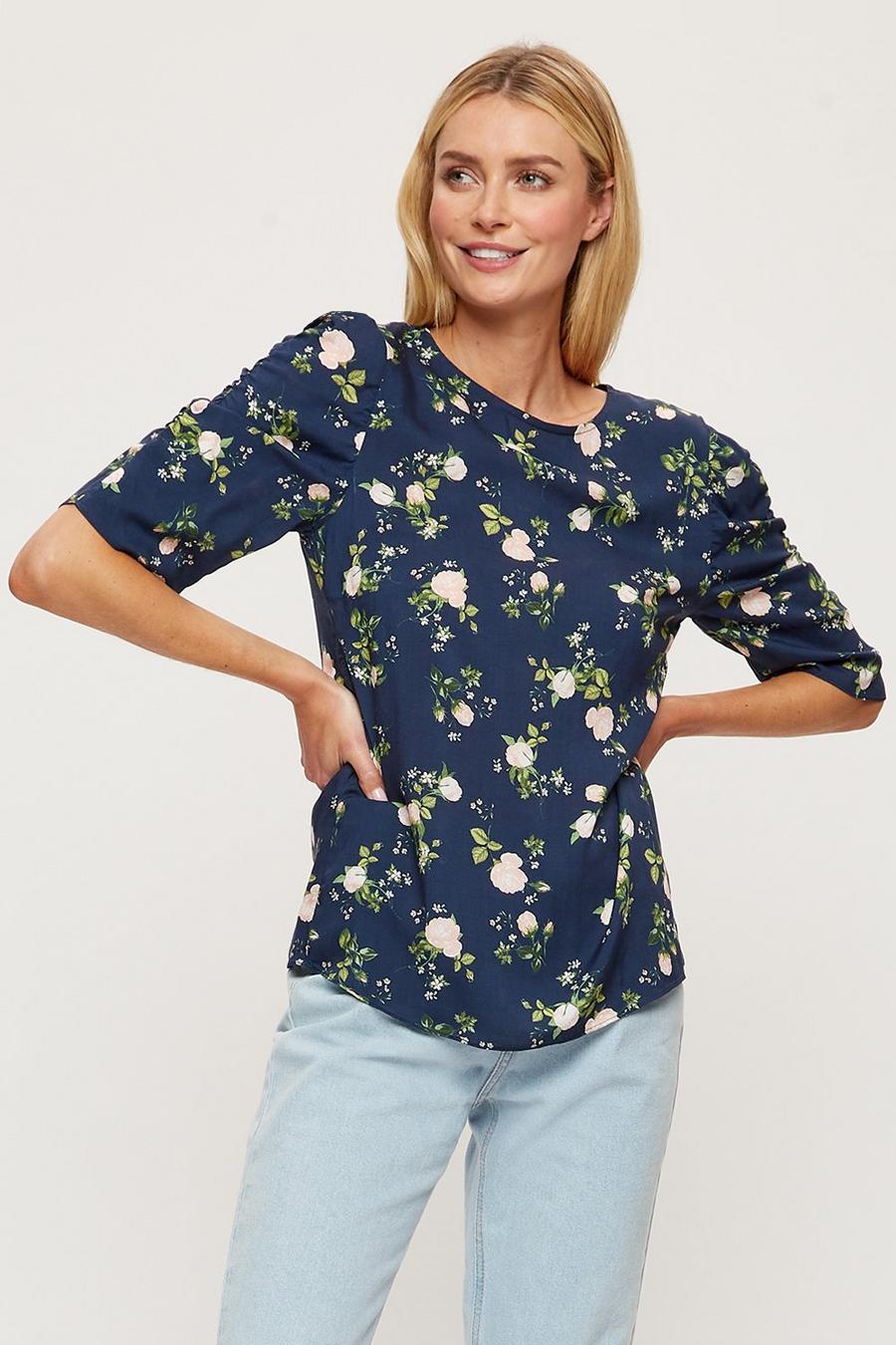 Tall Navy Floral Ruched Sleeve Top 